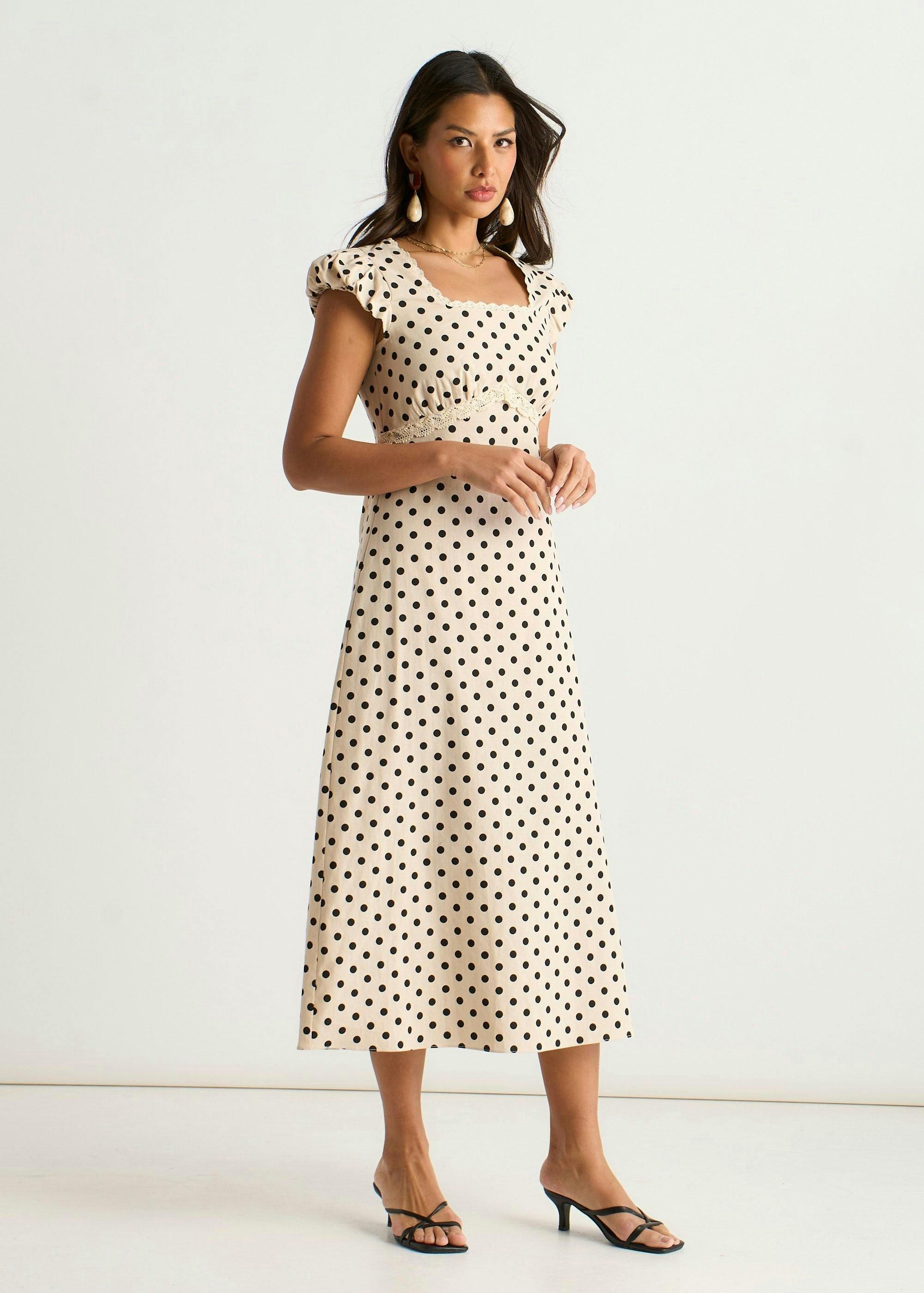 Cream Cotton Spot Print Lace Trim Midi Dress , view 4 of 4