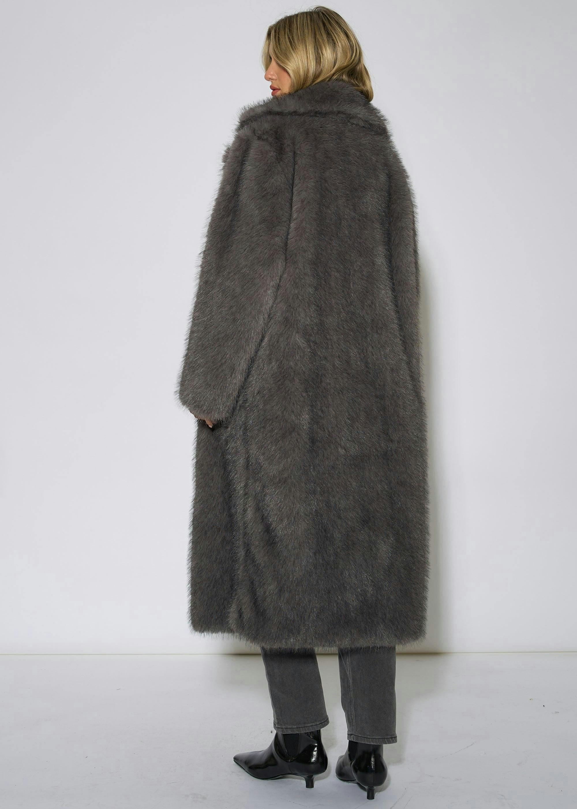Grey Blue Belted Faux Fur Longline Jacket , view 2 of 4