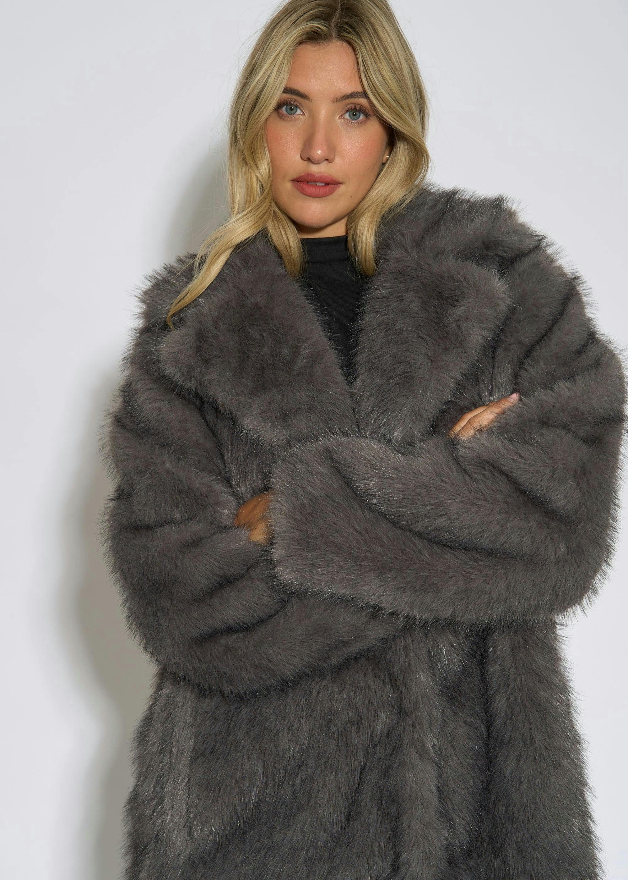Grey Blue Belted Faux Fur Longline Jacket , view 3 of 4