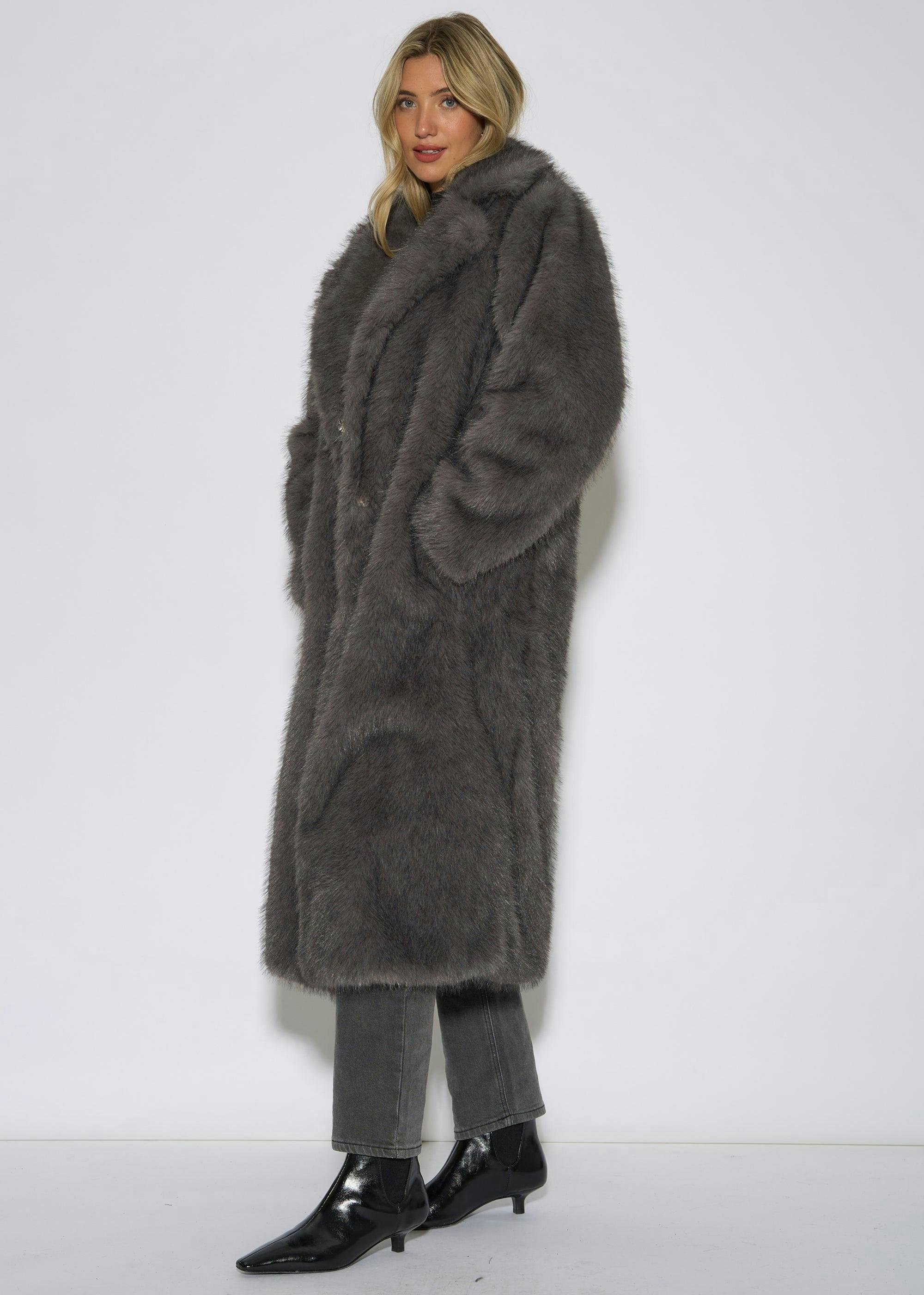 Grey Blue Belted Faux Fur Longline Jacket , view 4 of 4