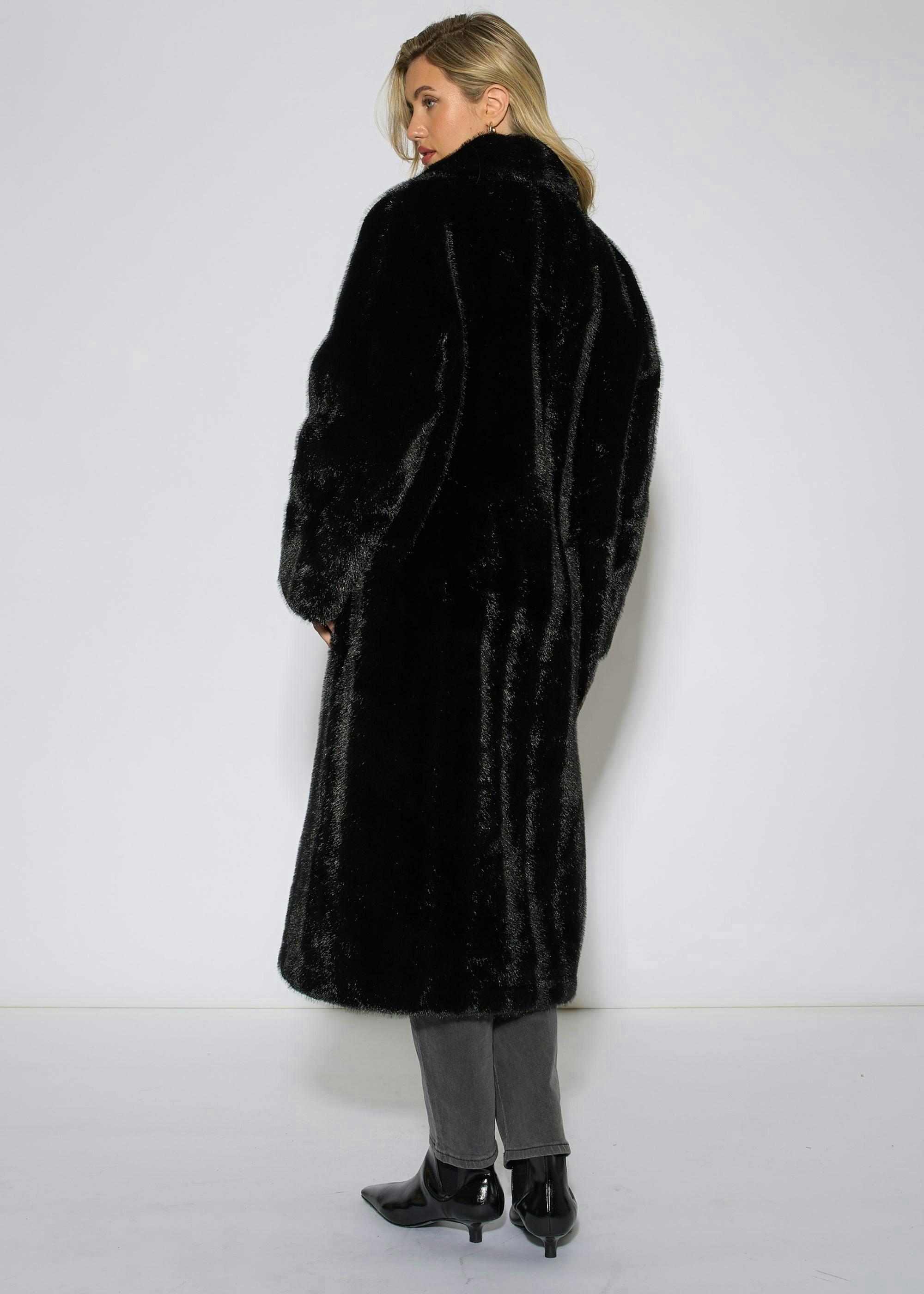 Black Two Tone Maxi Faux Fur Coat Jacket , view 2 of 4