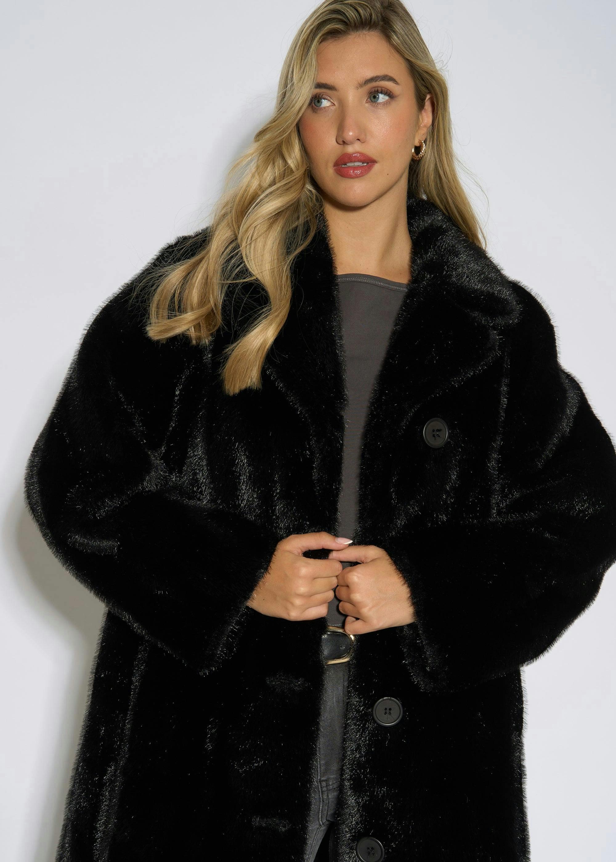 Black Two Tone Maxi Faux Fur Coat Jacket , view 3 of 4