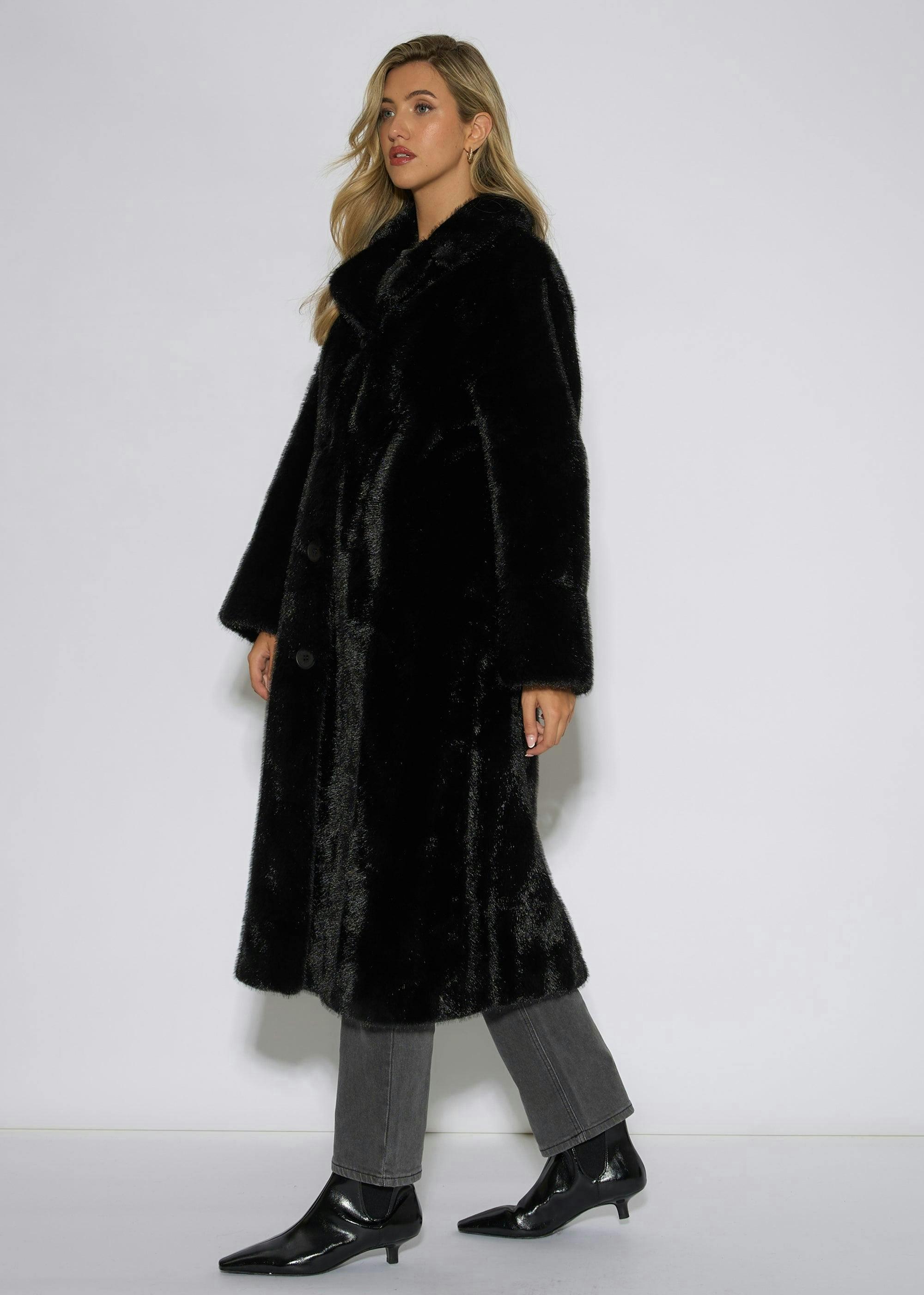 Black Two Tone Maxi Faux Fur Coat Jacket , view 4 of 4