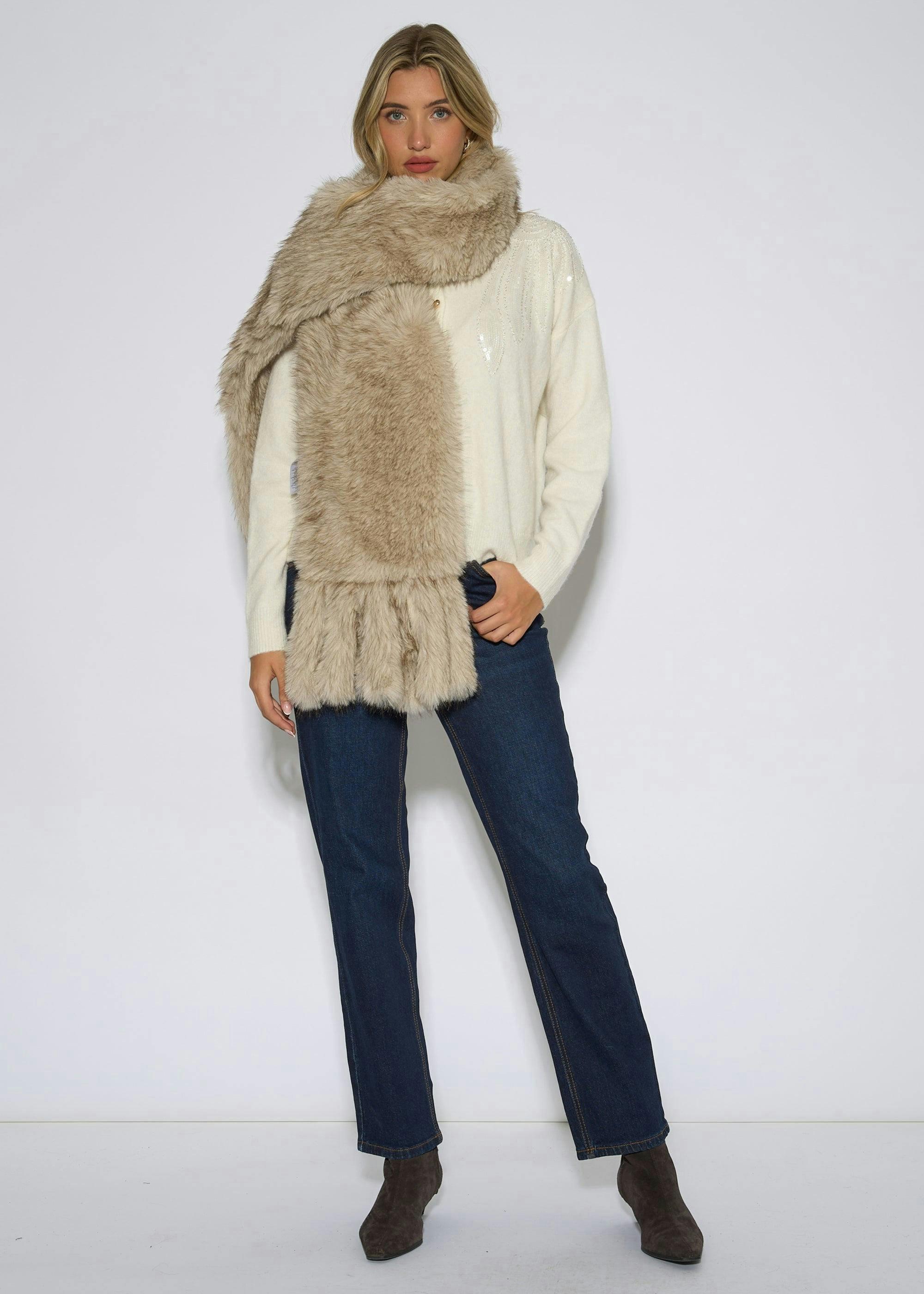 Off White Faux Fur Tassel Scarf , view 2 of 4