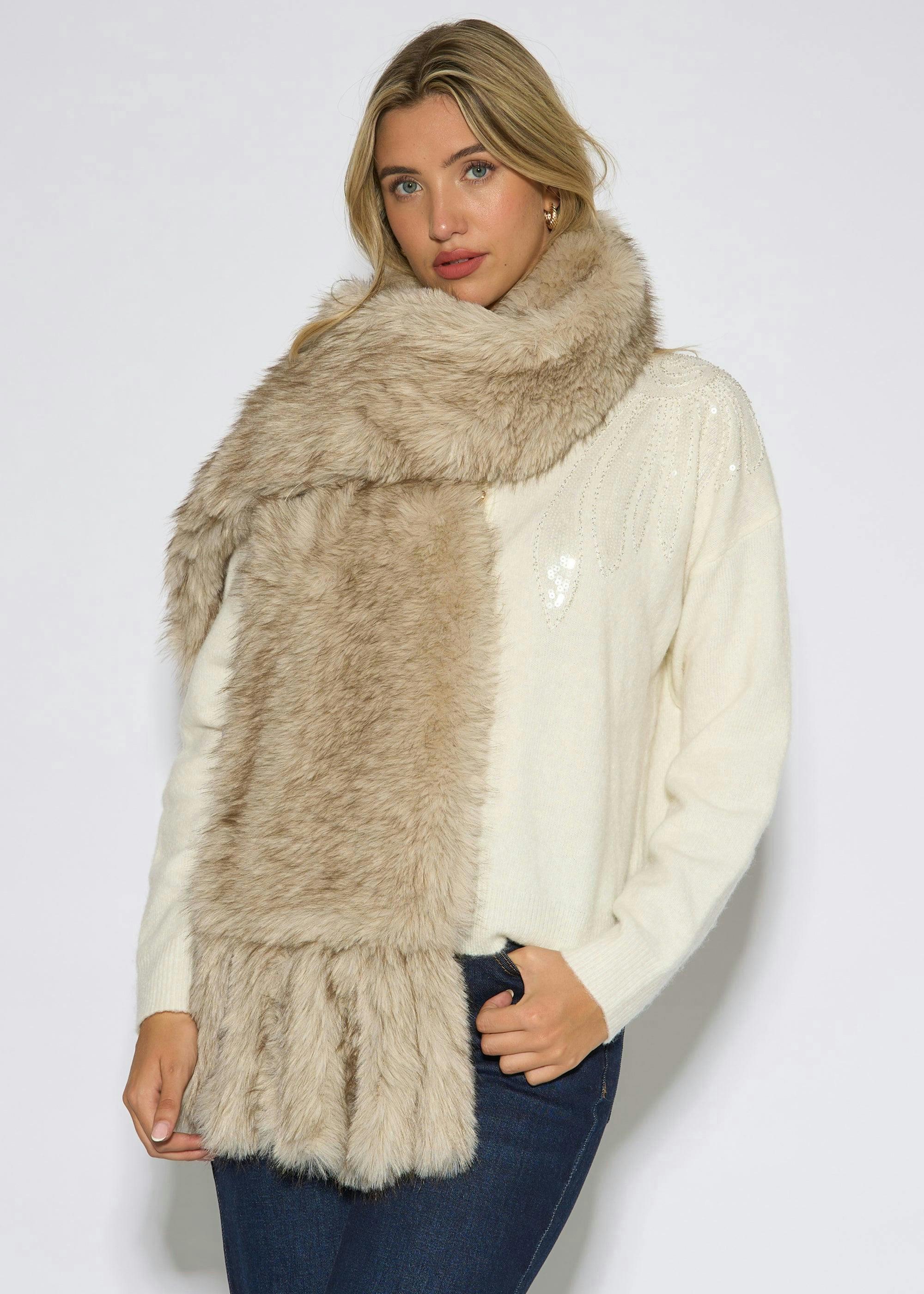 Off White Faux Fur Tassel Scarf , view 3 of 4