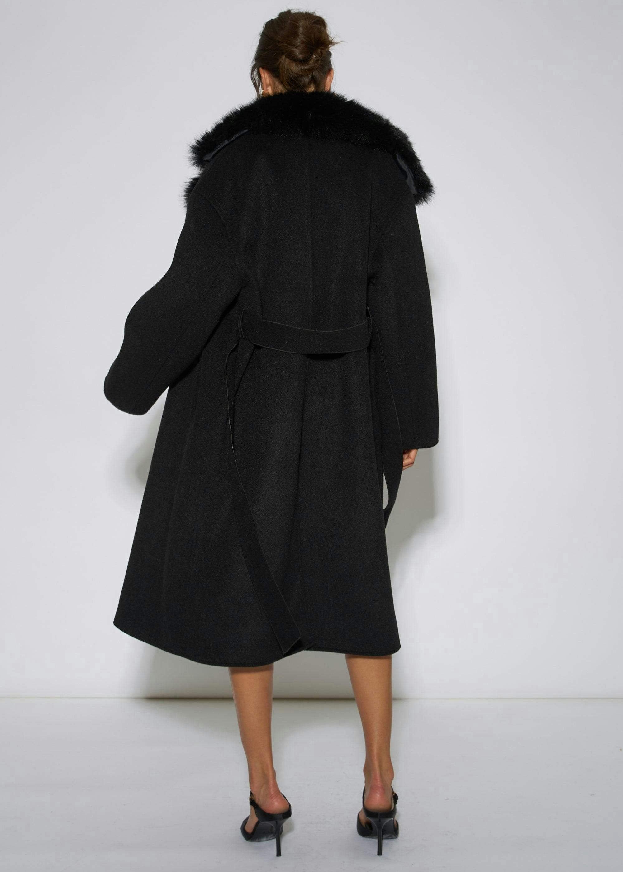 Black Faux Fur Trim Collar Longline Coat , view 2 of 4
