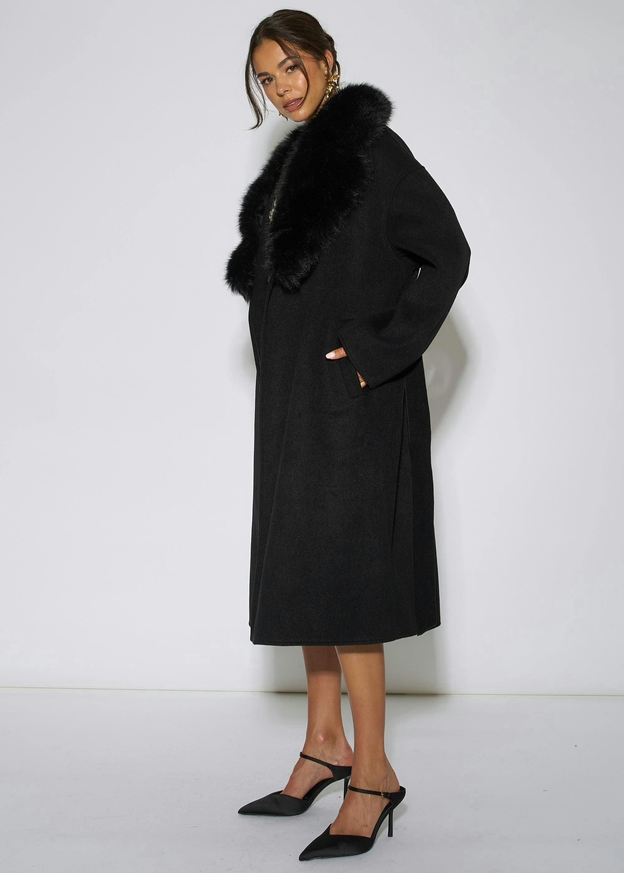 Black Faux Fur Trim Collar Longline Coat , view 4 of 4