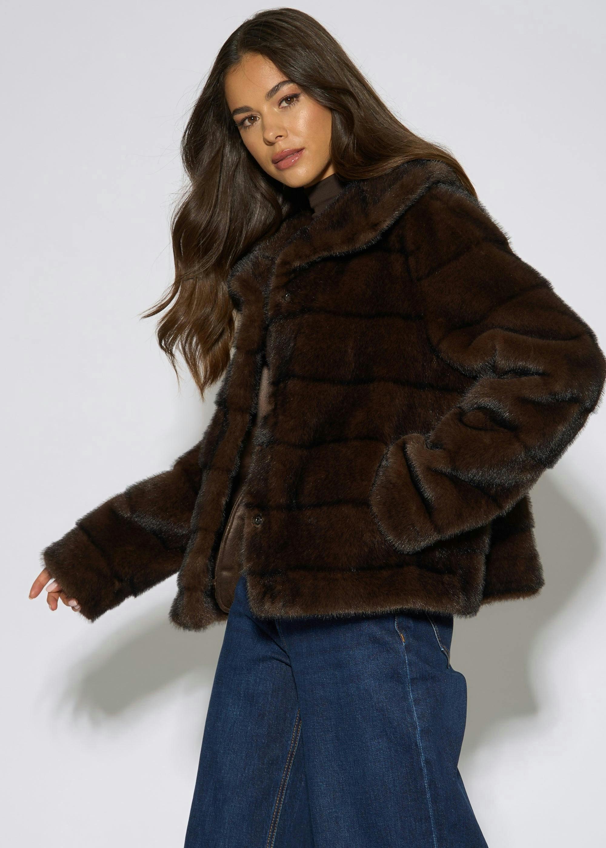 Brown Panelled Faux Fur Jacket , view 4 of 4