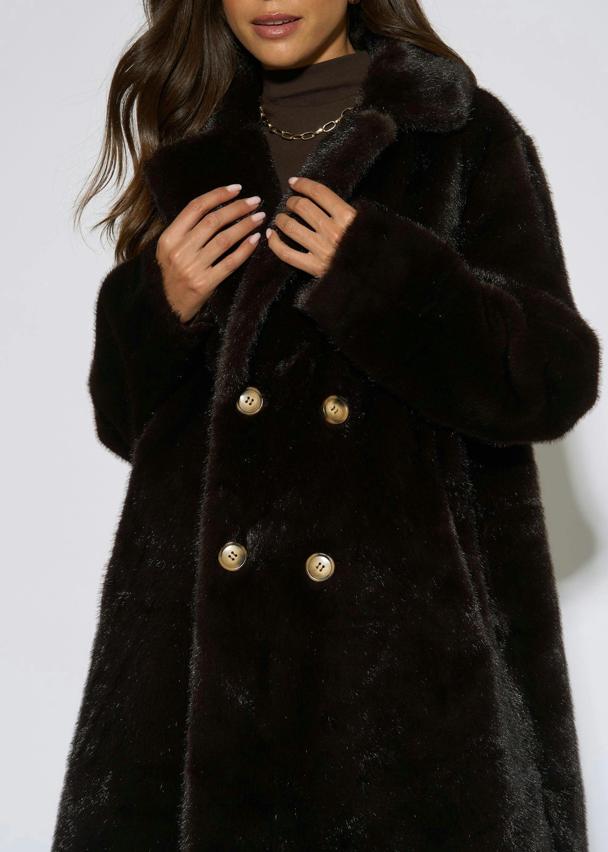 Bitter Chocolate Double Breasted Faux Fur Coat , view 3 of 4