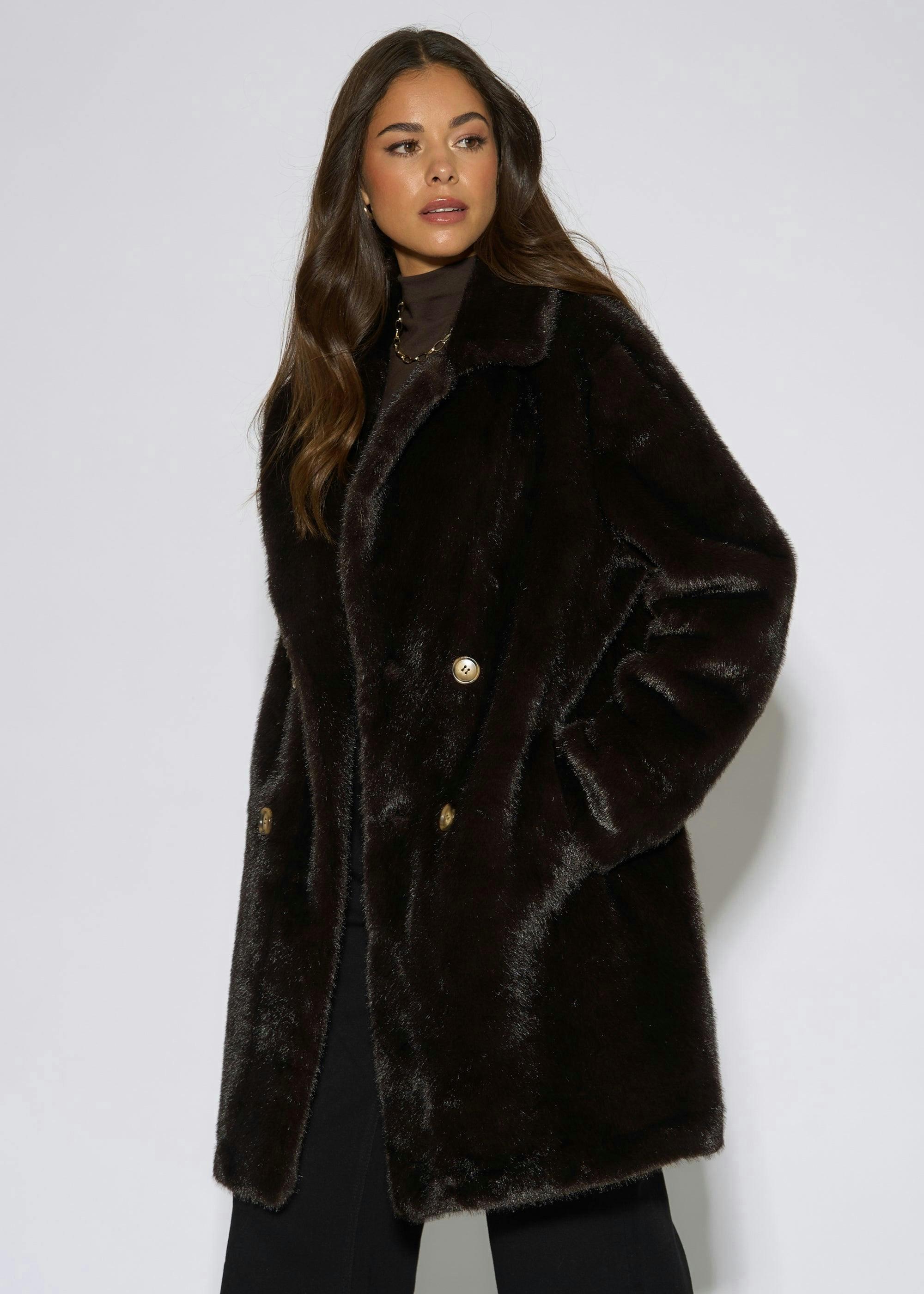 Bitter Chocolate Double Breasted Faux Fur Coat , view 4 of 4