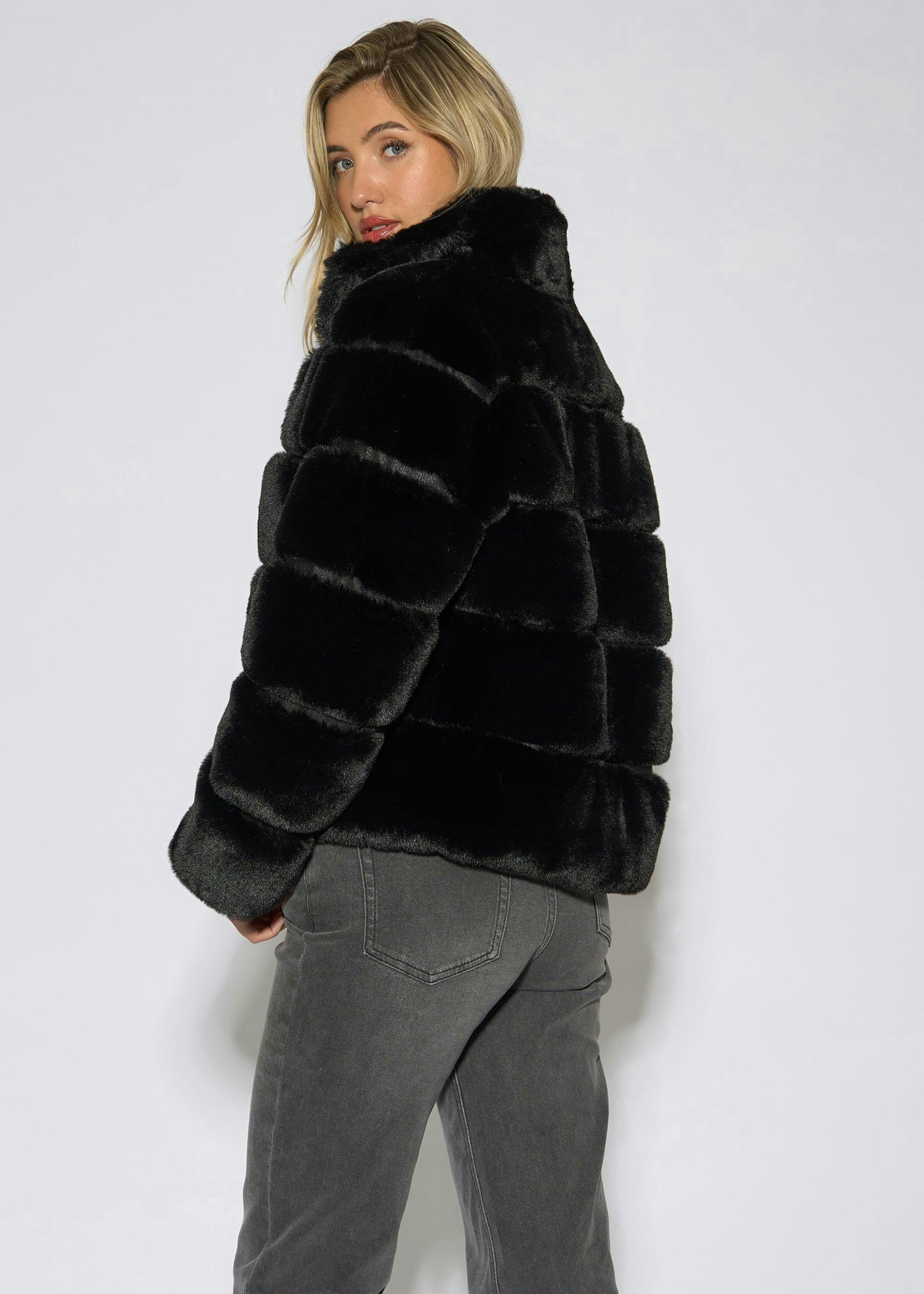 Black Panelled Funnel Neck Faux Fur Jacket , view 2 of 4