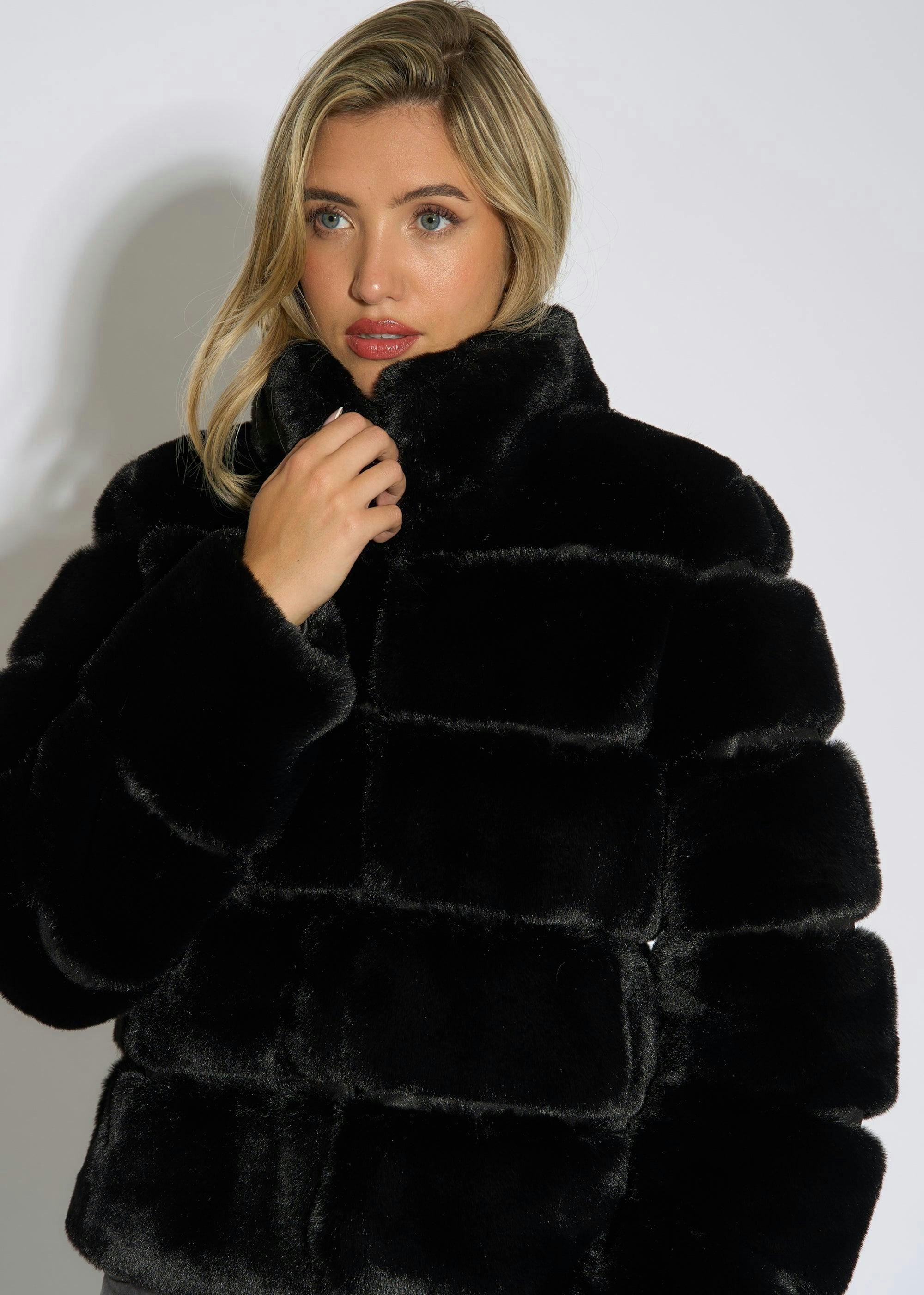 Black Panelled Funnel Neck Faux Fur Jacket , view 3 of 4