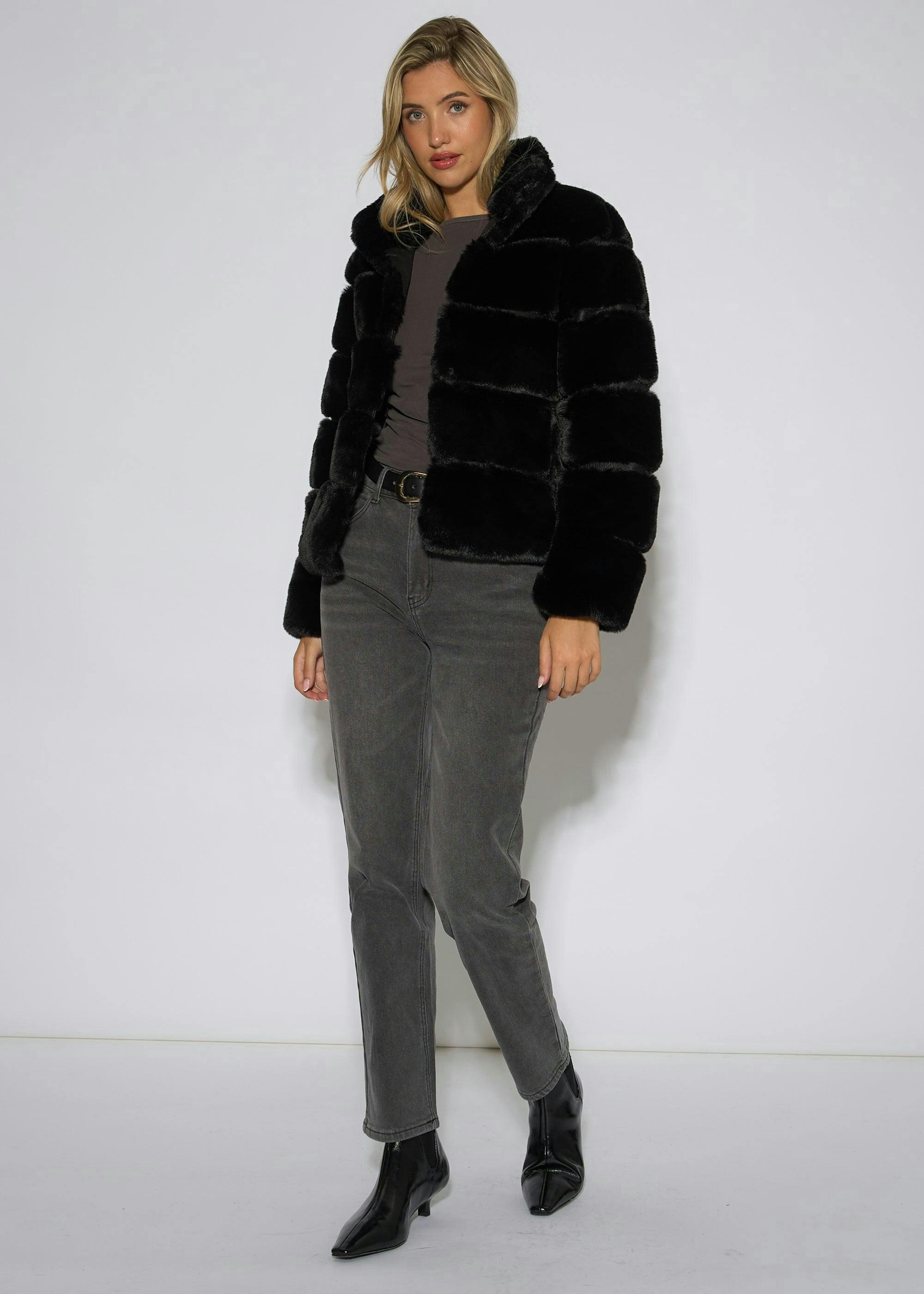 Black Panelled Funnel Neck Faux Fur Jacket , view 4 of 4