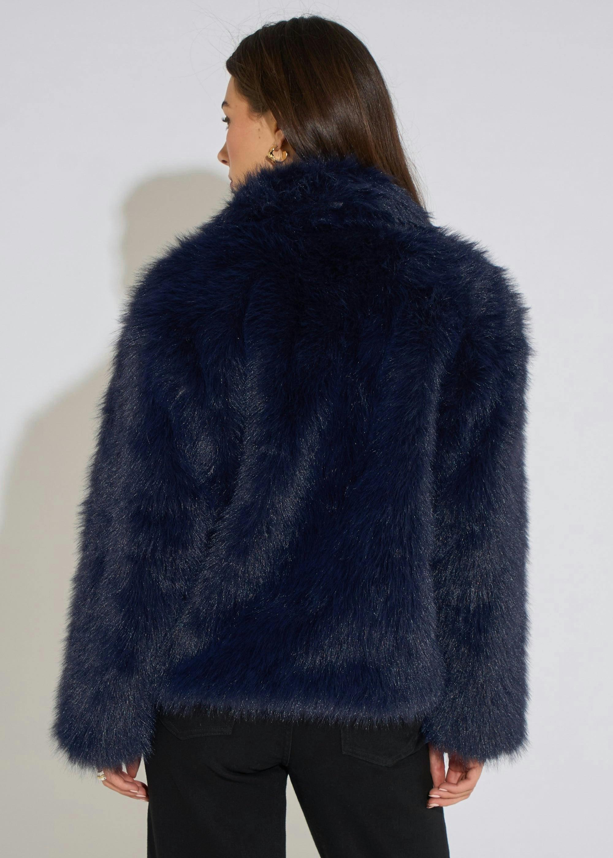 Dark Blue Faux Fur Jacket , view 2 of 4