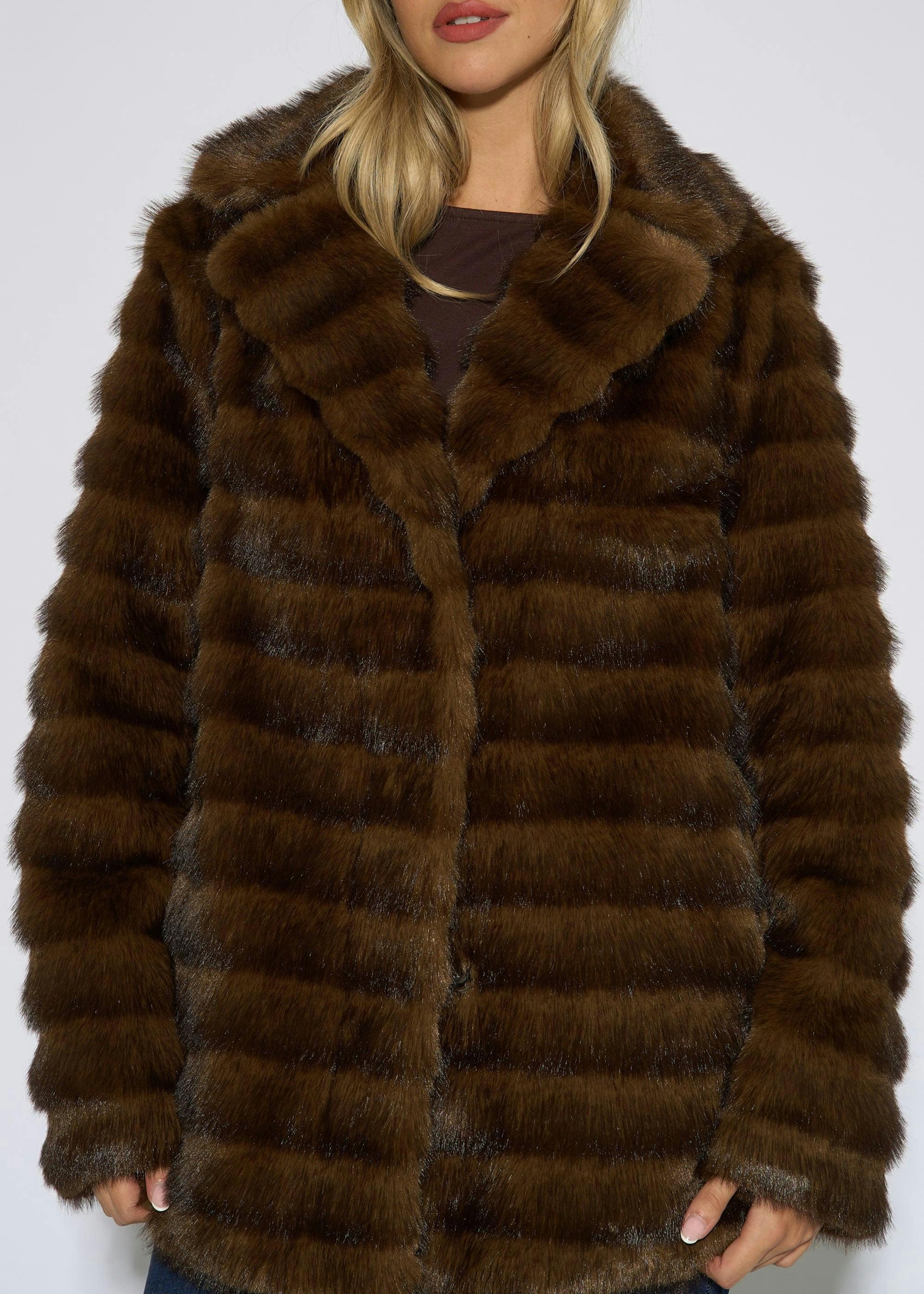 Brown Two Tone Faux Fur Longline Jacket , view 2 of 4
