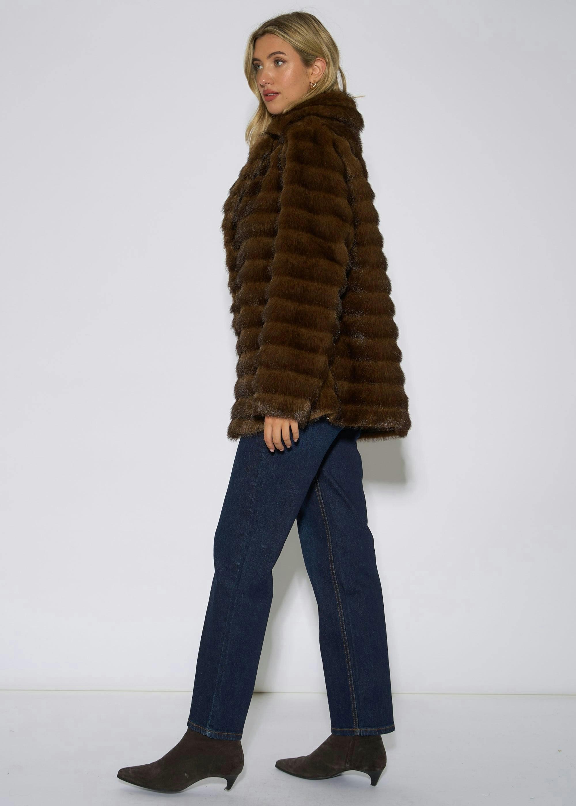 Brown Two Tone Faux Fur Longline Jacket , view 3 of 4