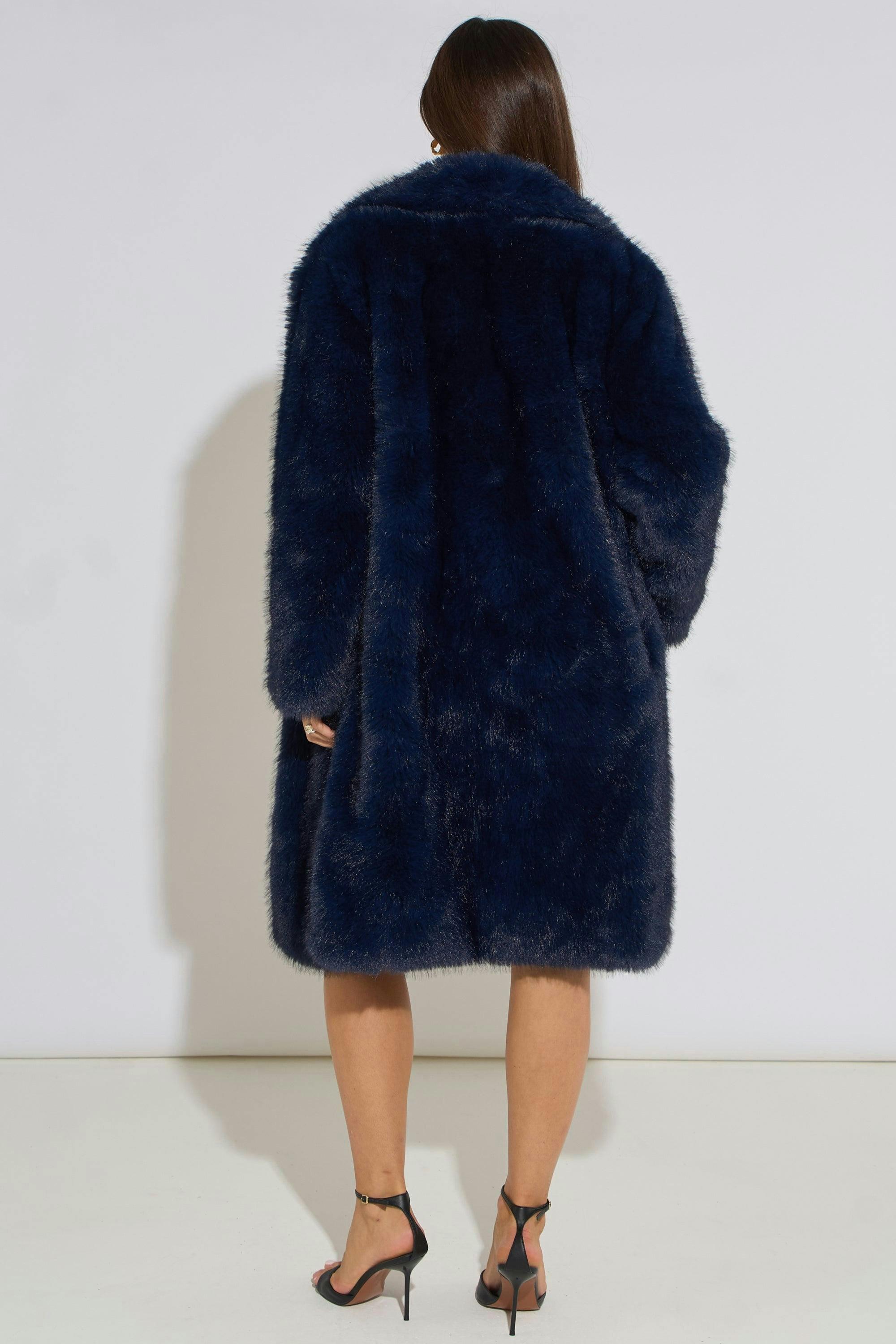 Dark Blue Panelled Faux Fur Longline Jacket , view 2 of 4