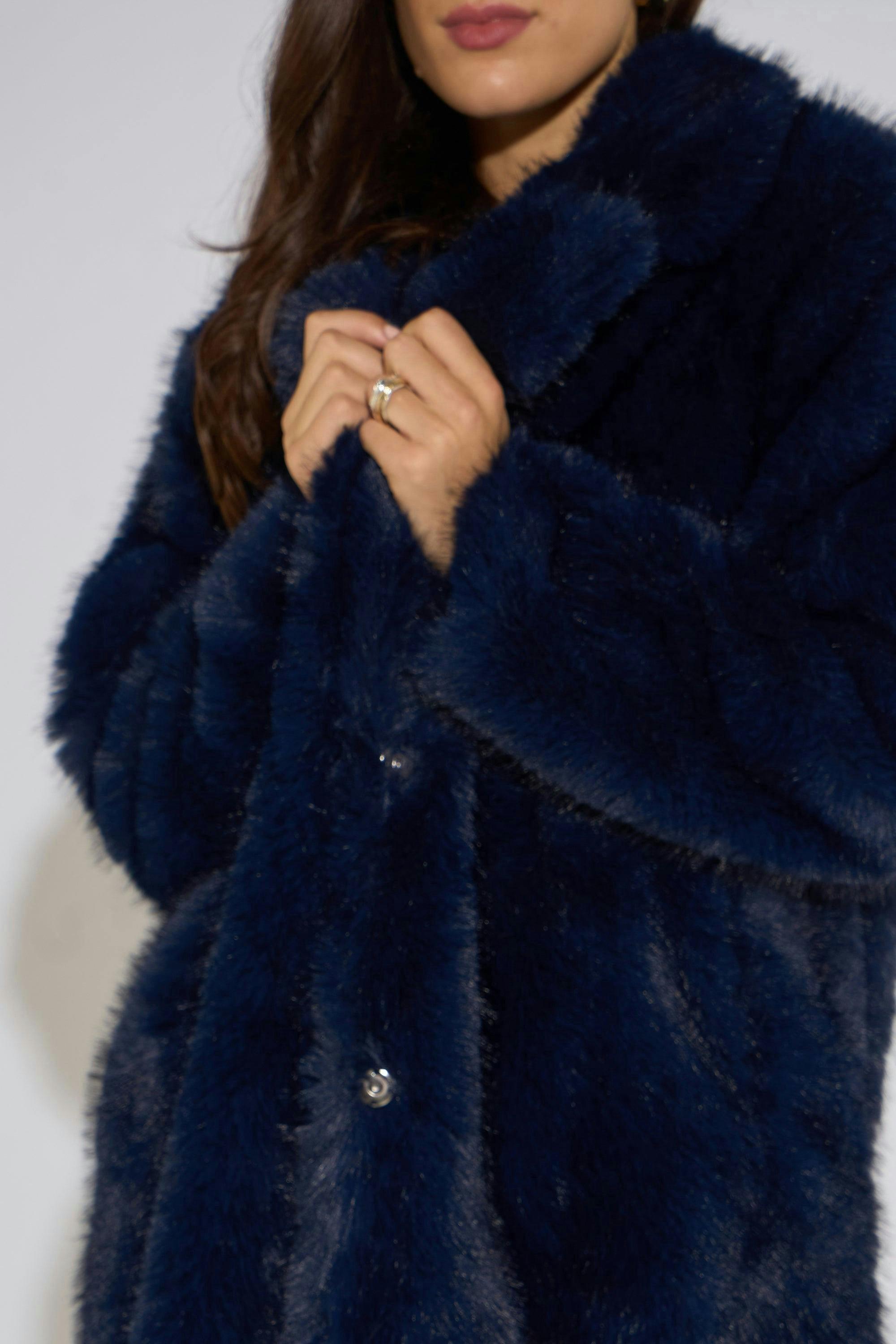 Dark Blue Panelled Faux Fur Longline Jacket , view 3 of 4