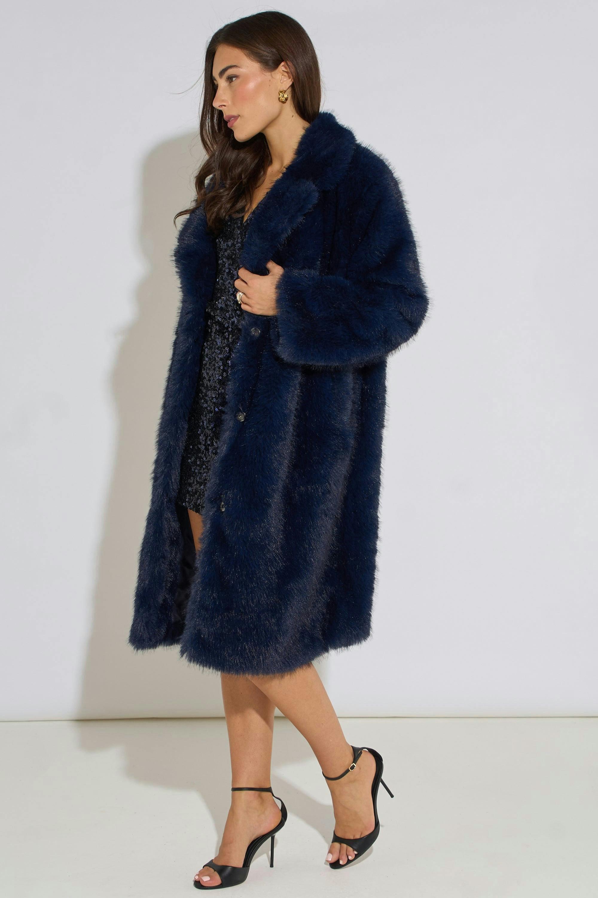 Dark Blue Panelled Faux Fur Longline Jacket , view 4 of 4