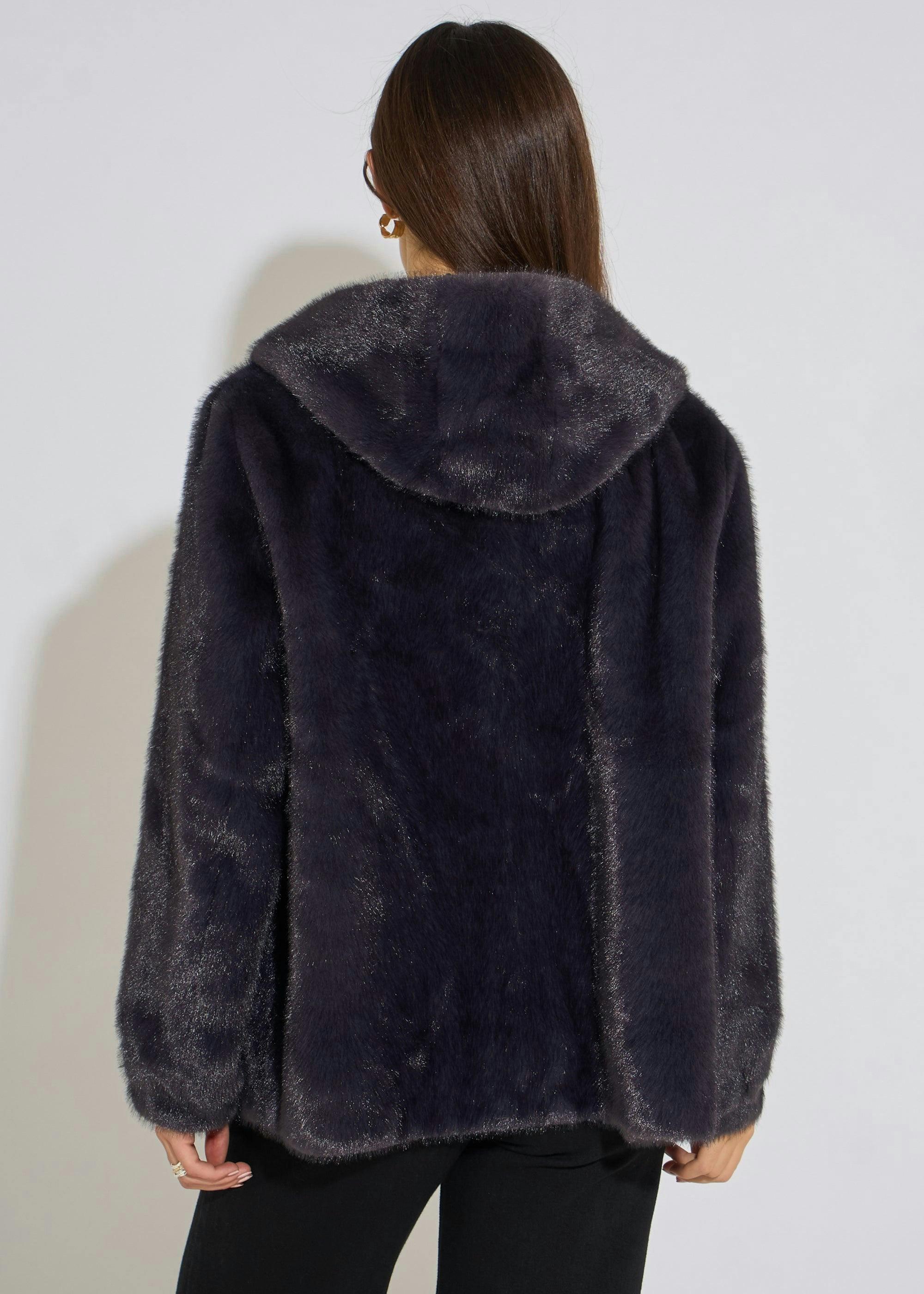 Charcoal Grey Hooded Faux Fur Mid Length Jacket , view 2 of 4
