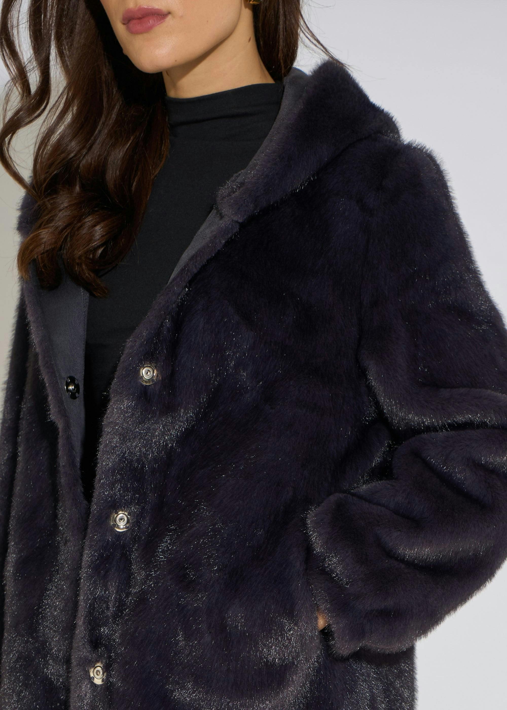 Charcoal Grey Hooded Faux Fur Mid Length Jacket , view 3 of 4