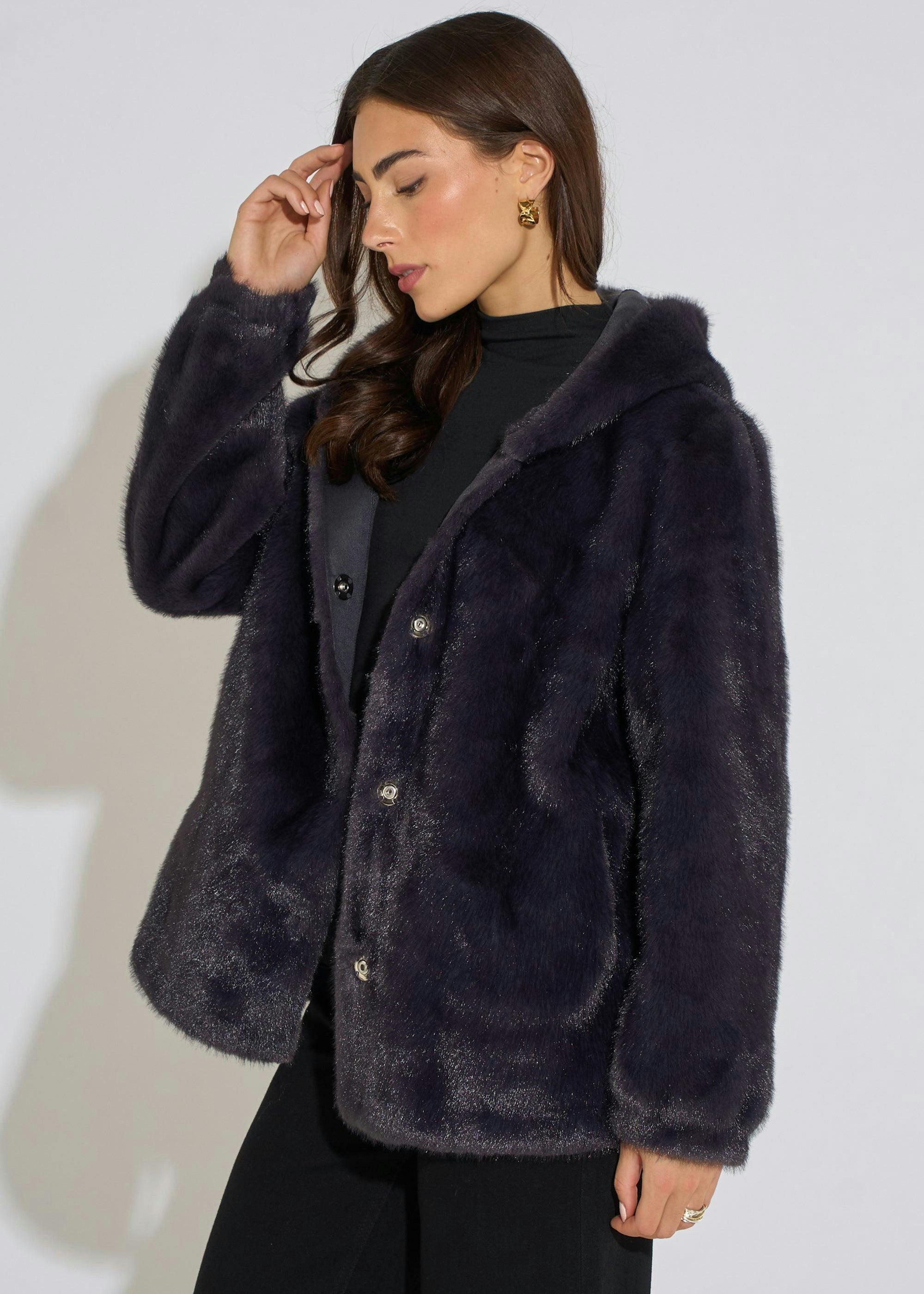Charcoal Grey Hooded Faux Fur Mid Length Jacket , view 4 of 4