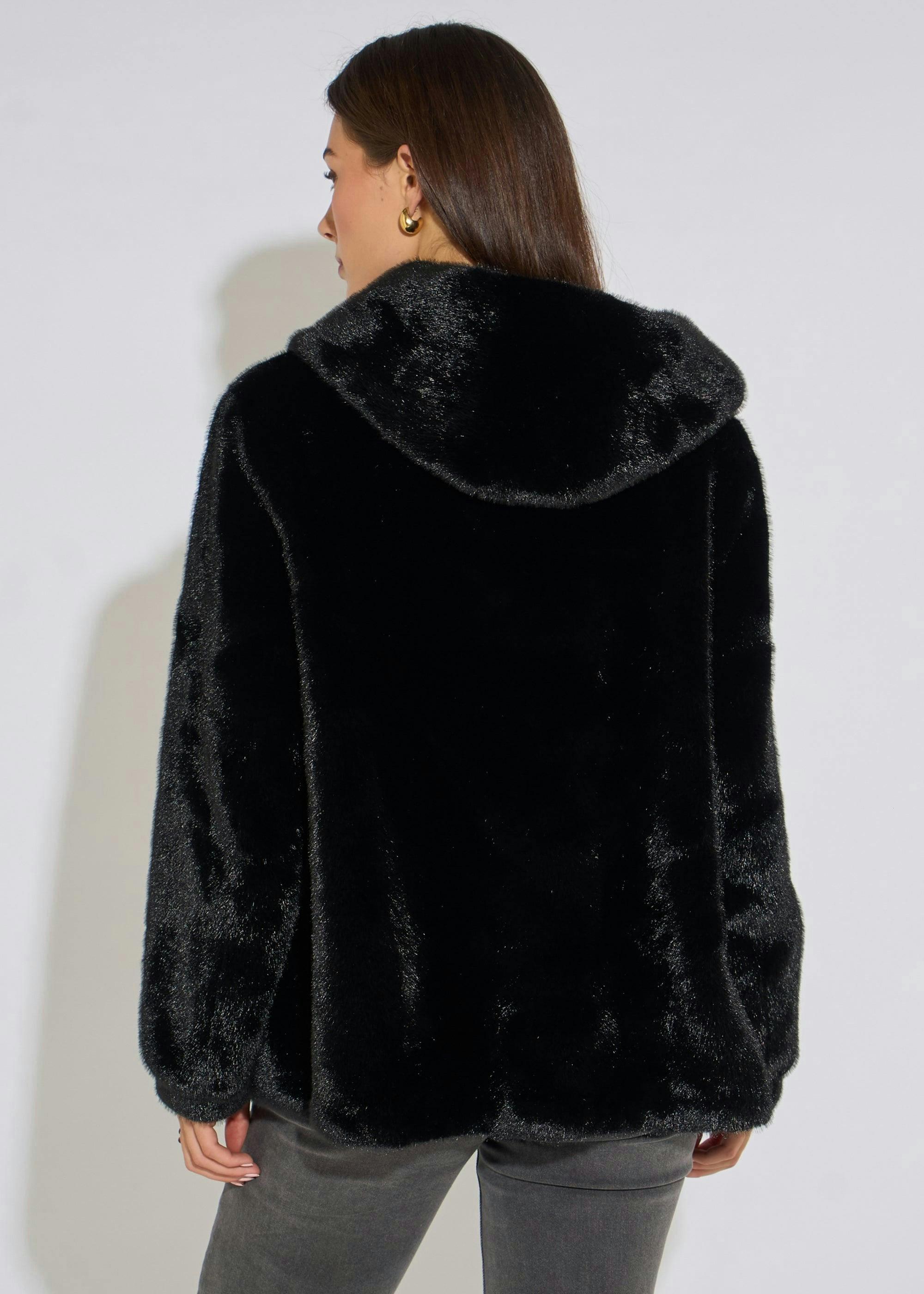 Black Hooded Faux Fur Mid Length Jacket , view 2 of 4
