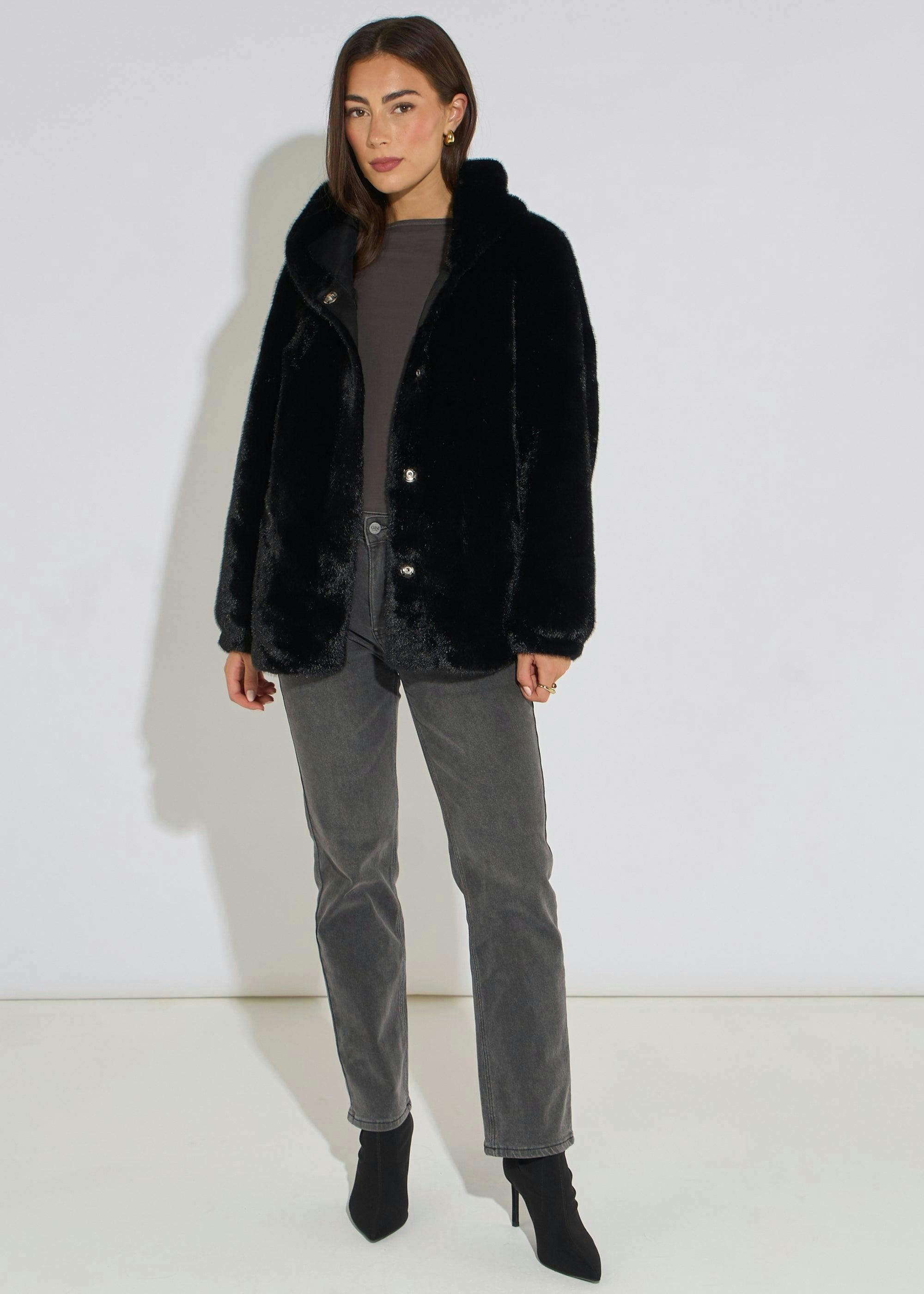 Black Hooded Faux Fur Mid Length Jacket , view 3 of 4