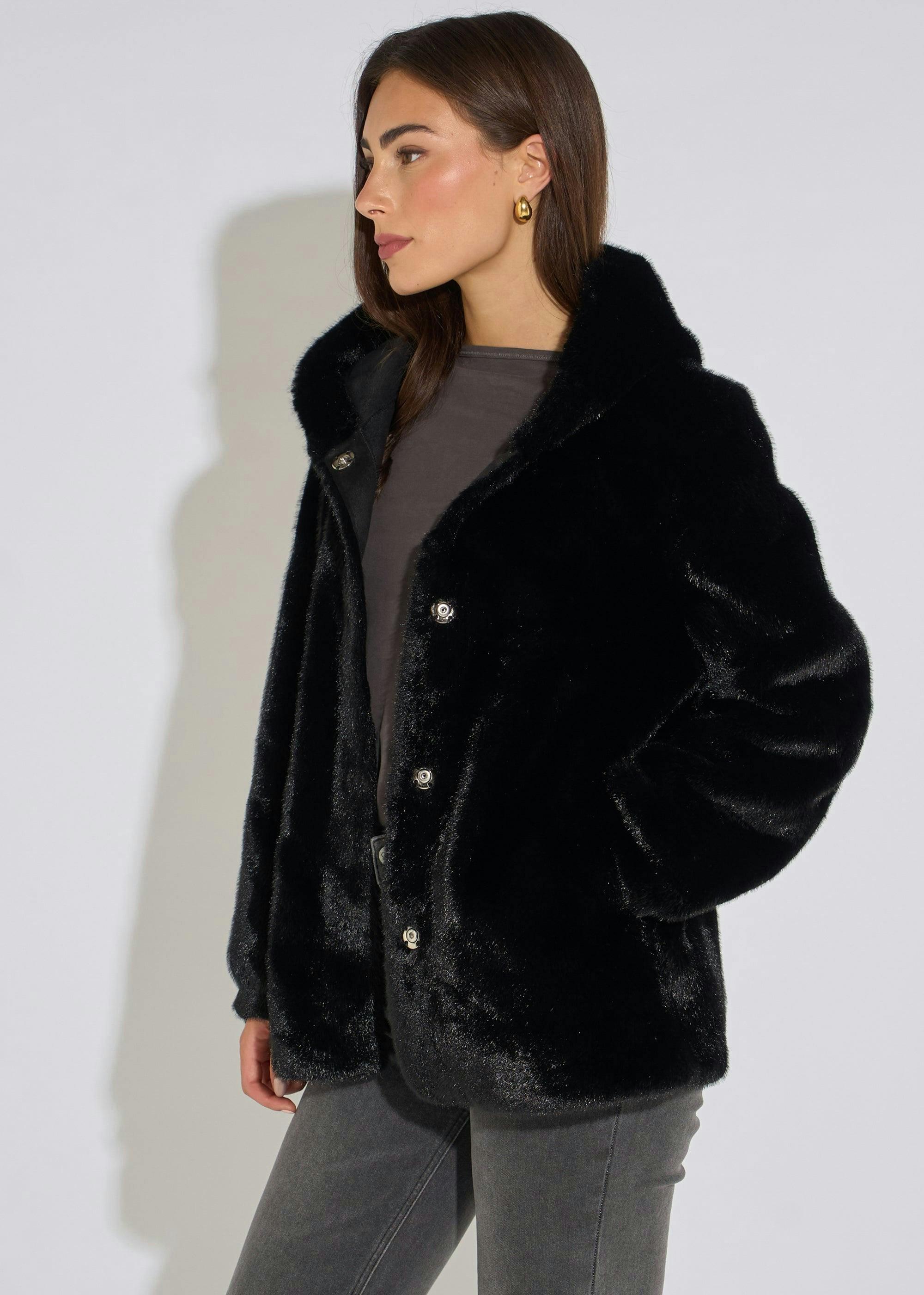 Black Hooded Faux Fur Mid Length Jacket , view 4 of 4