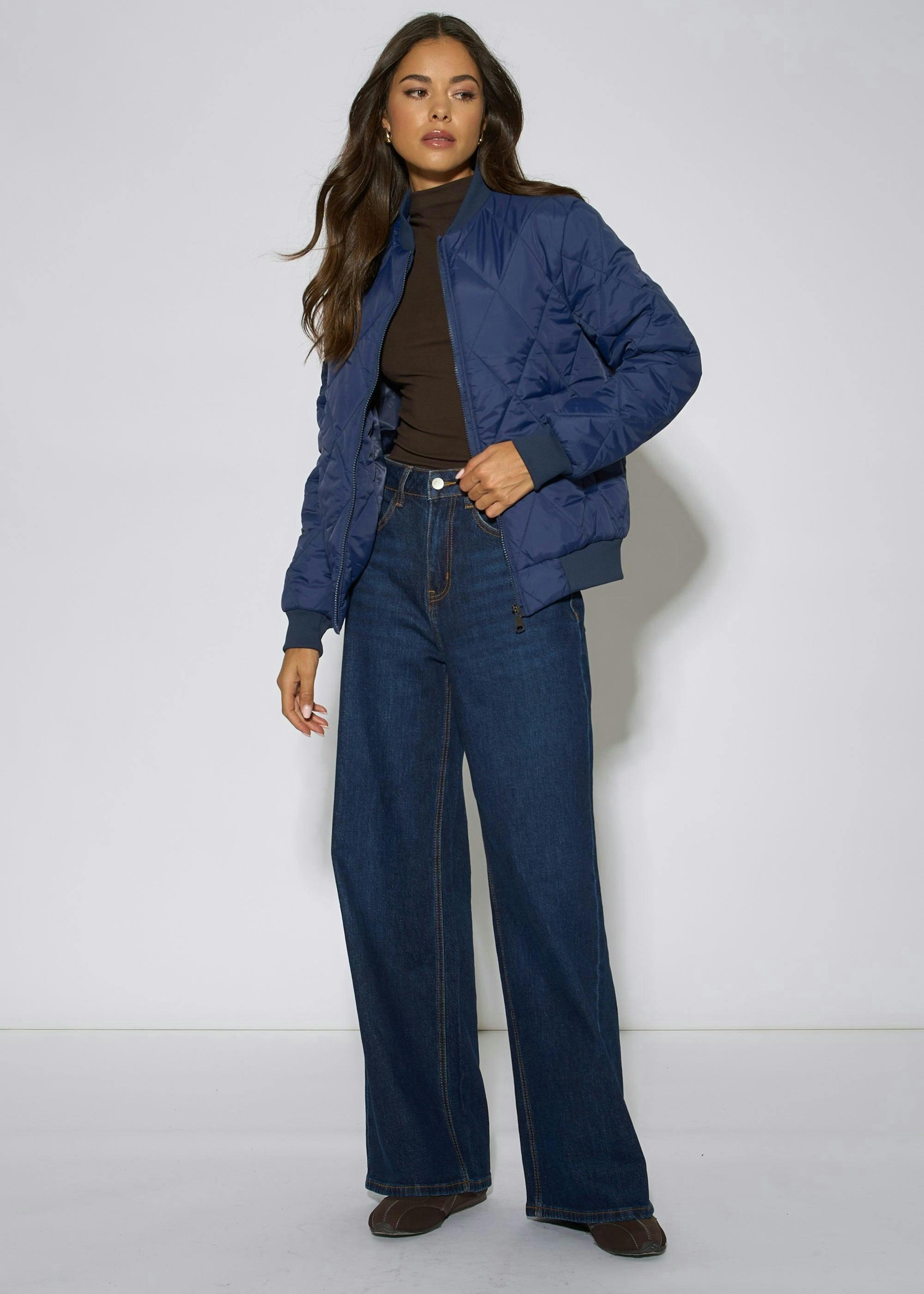 Navy Rib Trim Puffer Bomber Jacket , view 3 of 4