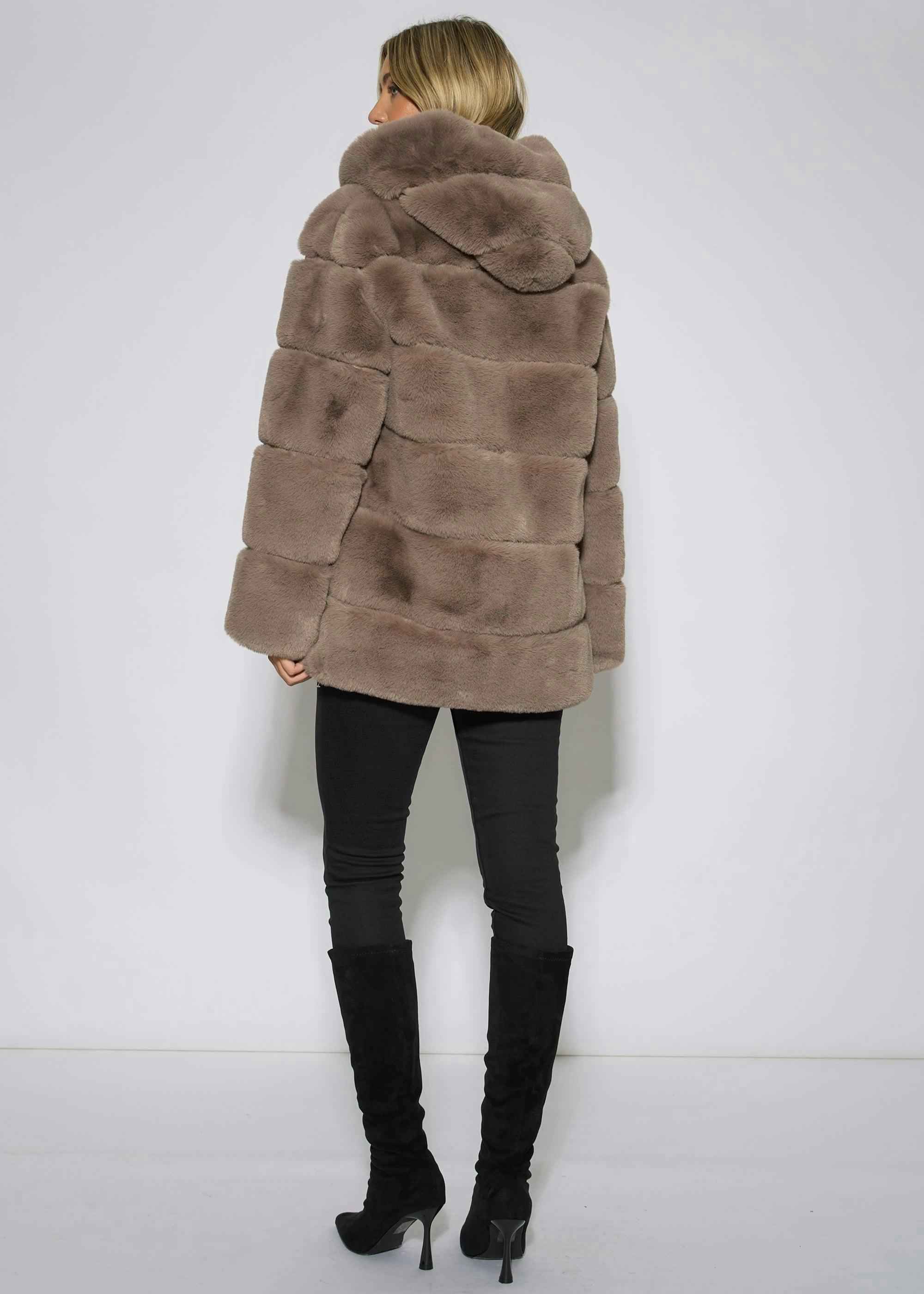 Mocha Horizontal Cut Fur Hooded Jacket , view 2 of 4