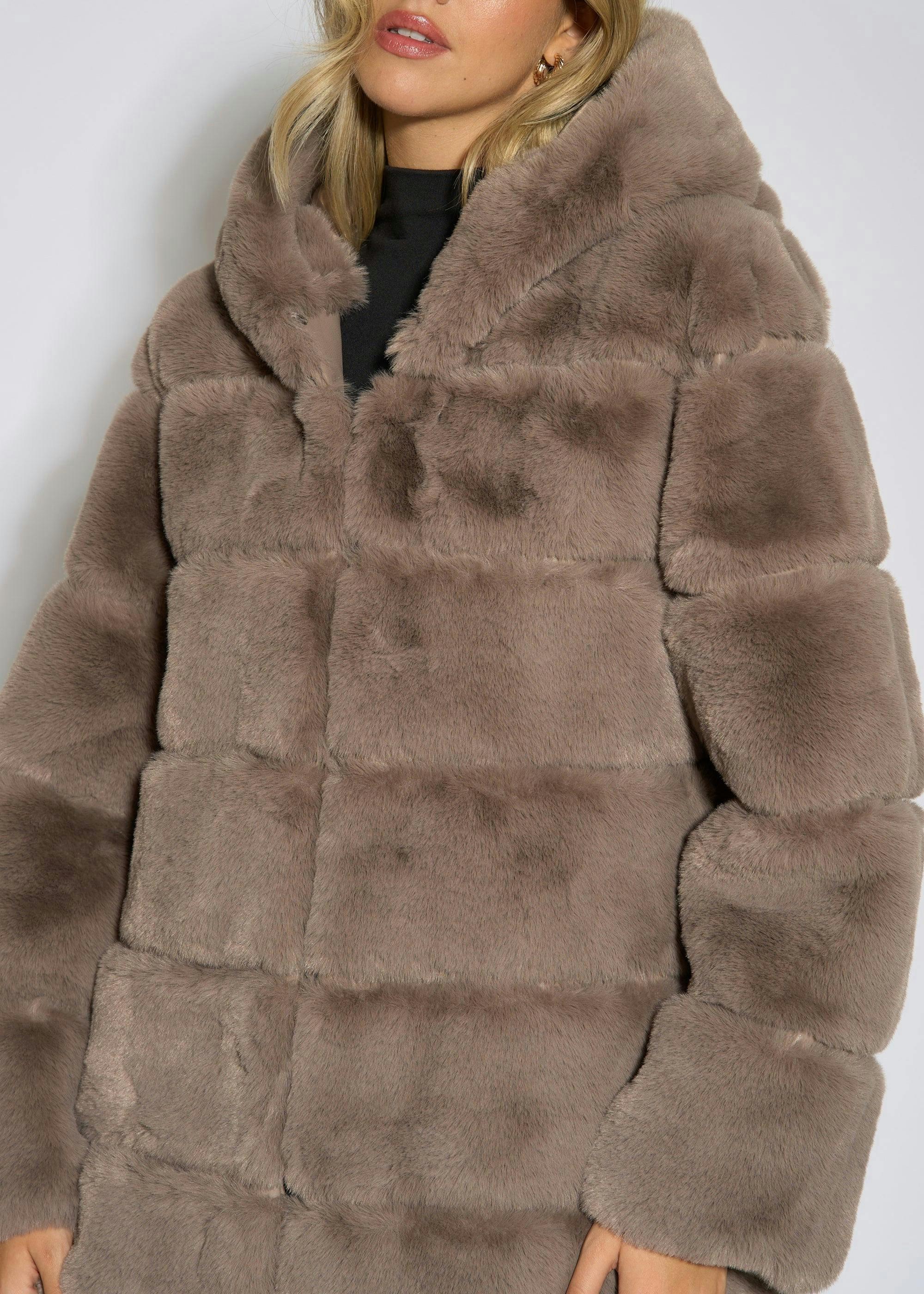 Mocha Horizontal Cut Fur Hooded Jacket , view 3 of 4