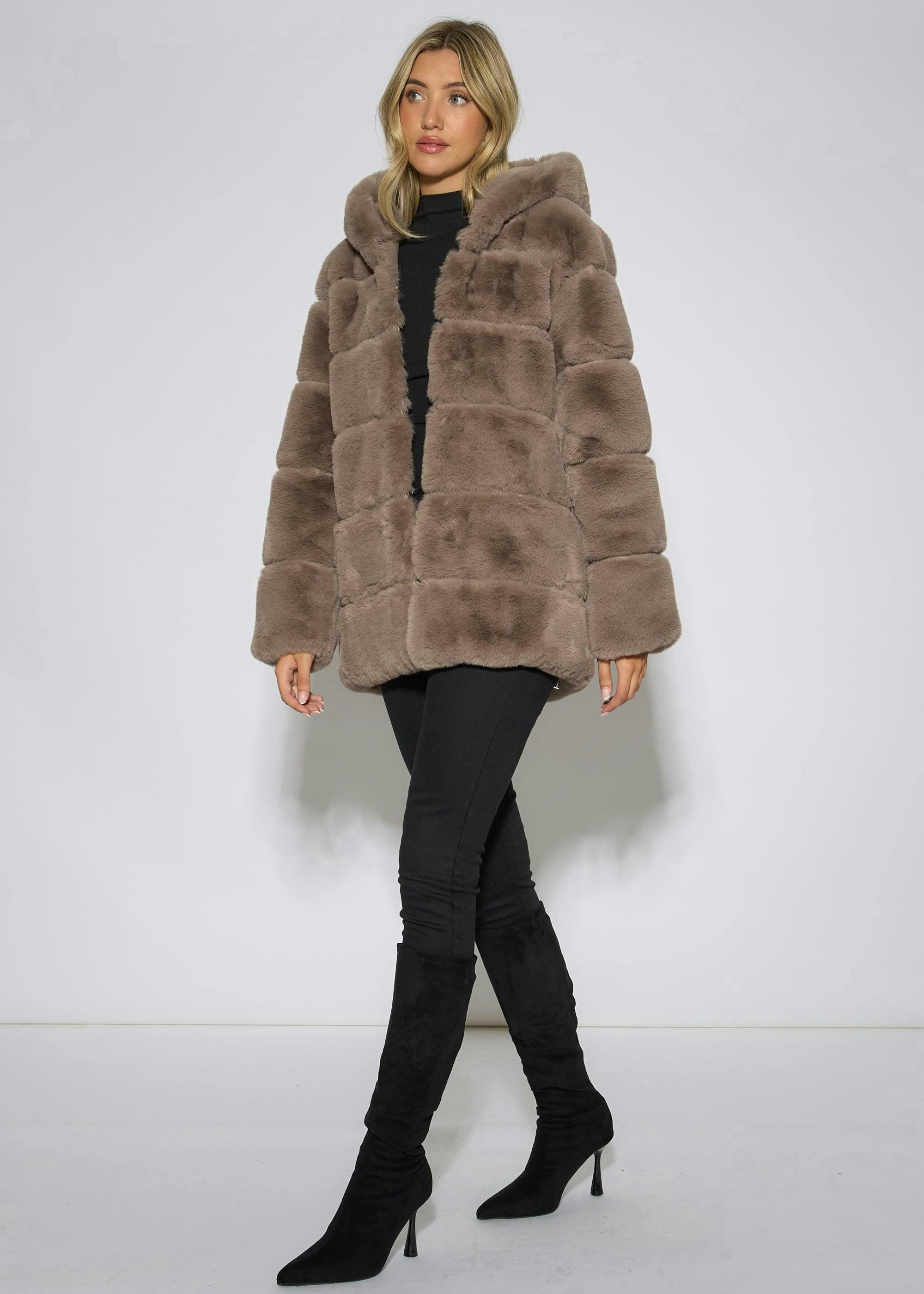 Mocha Horizontal Cut Fur Hooded Jacket , view 4 of 4