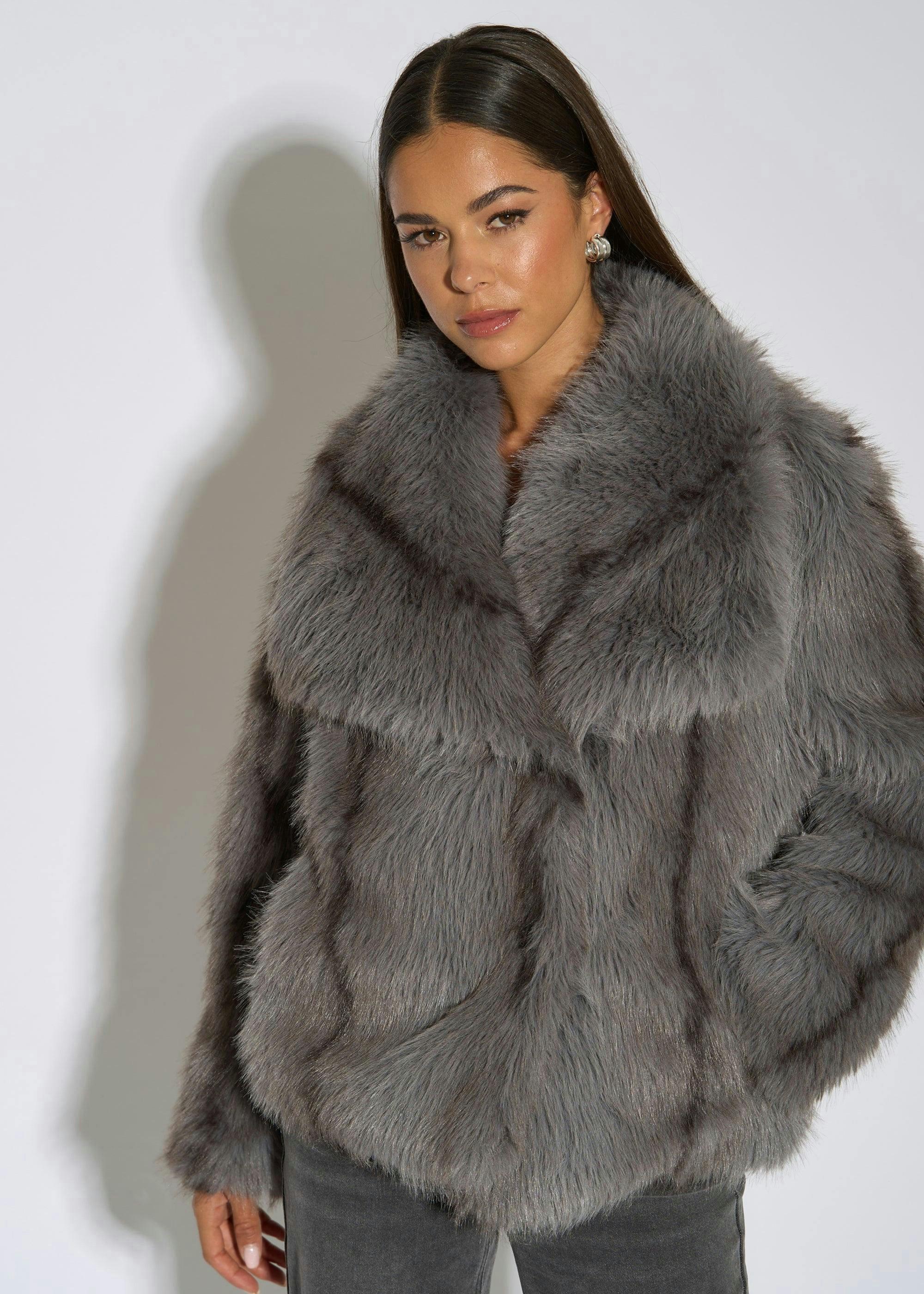 Grey Ombre Lapel Faux Fur Jacket , view 3 of 6