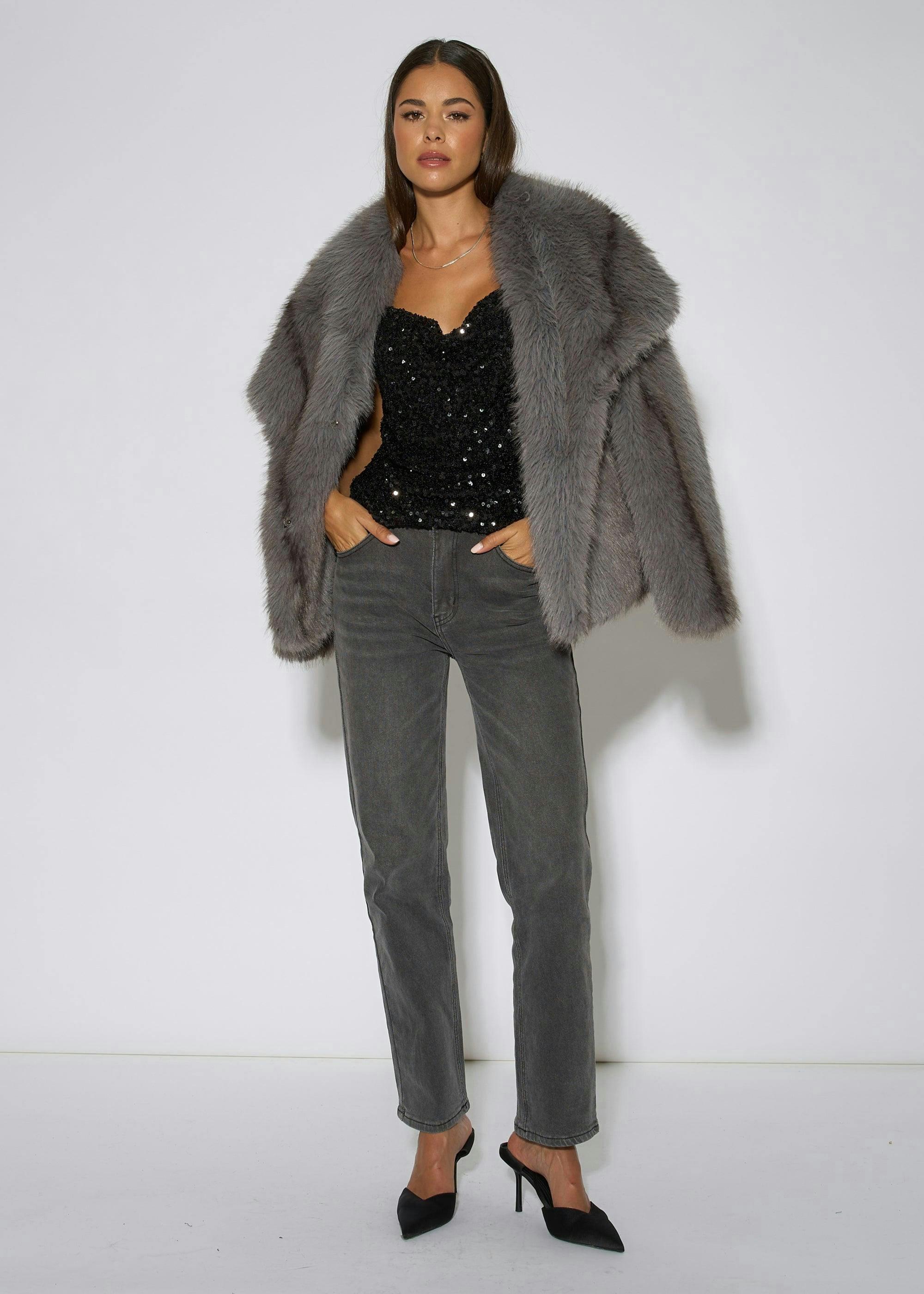 Grey Ombre Lapel Faux Fur Jacket , view 5 of 6