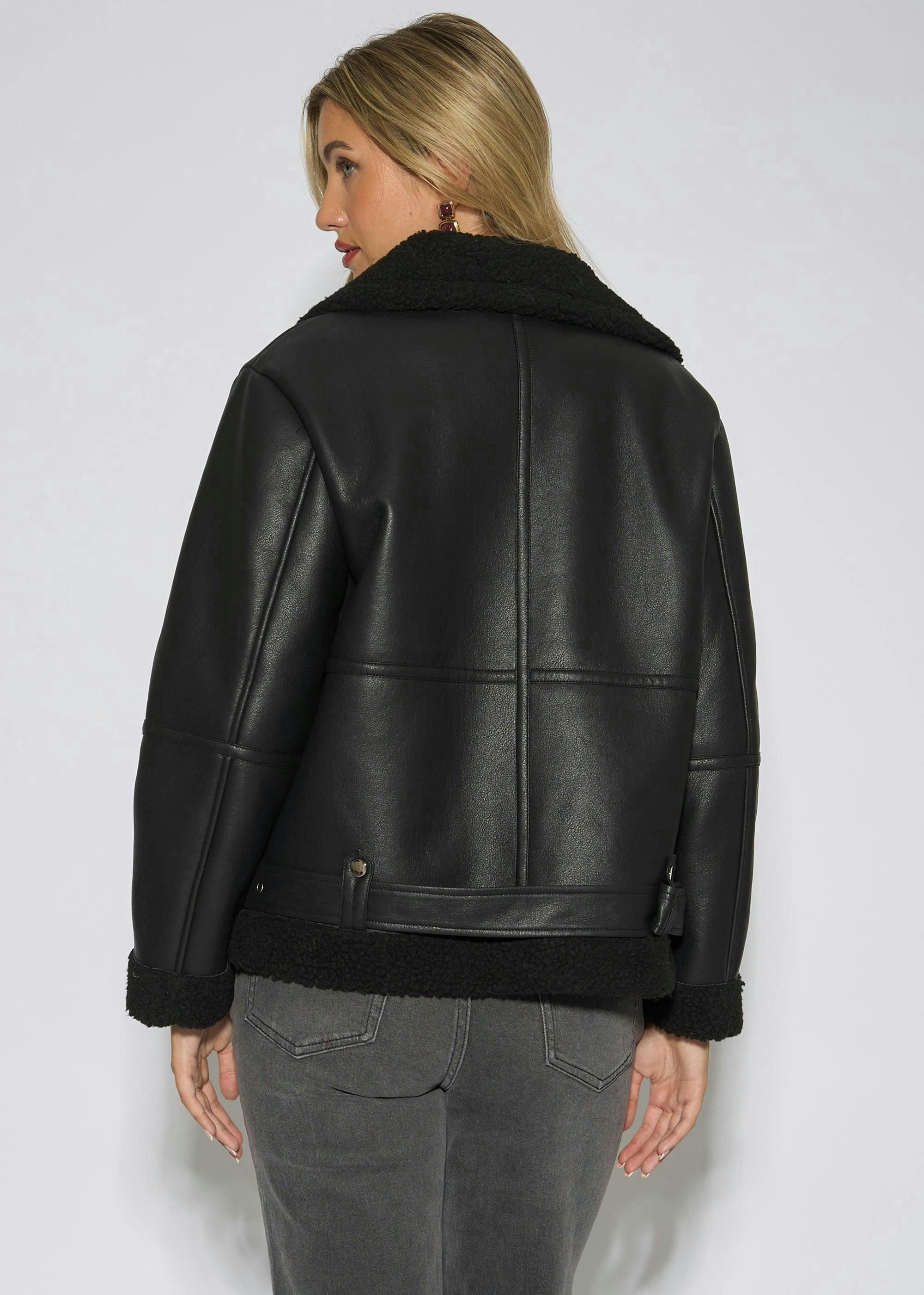Black Faux Leather Aviator Biker Jacket , view 2 of 4