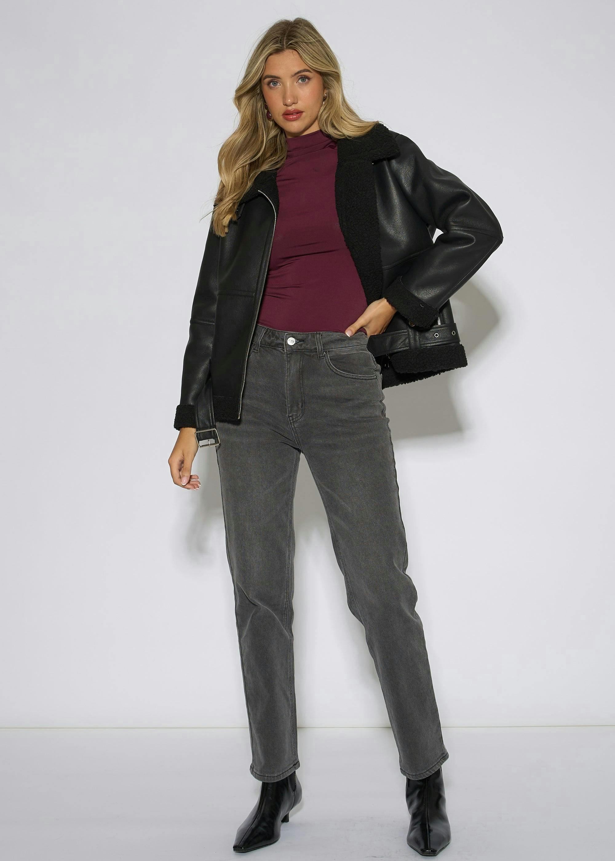 Black Faux Leather Aviator Biker Jacket , view 3 of 4