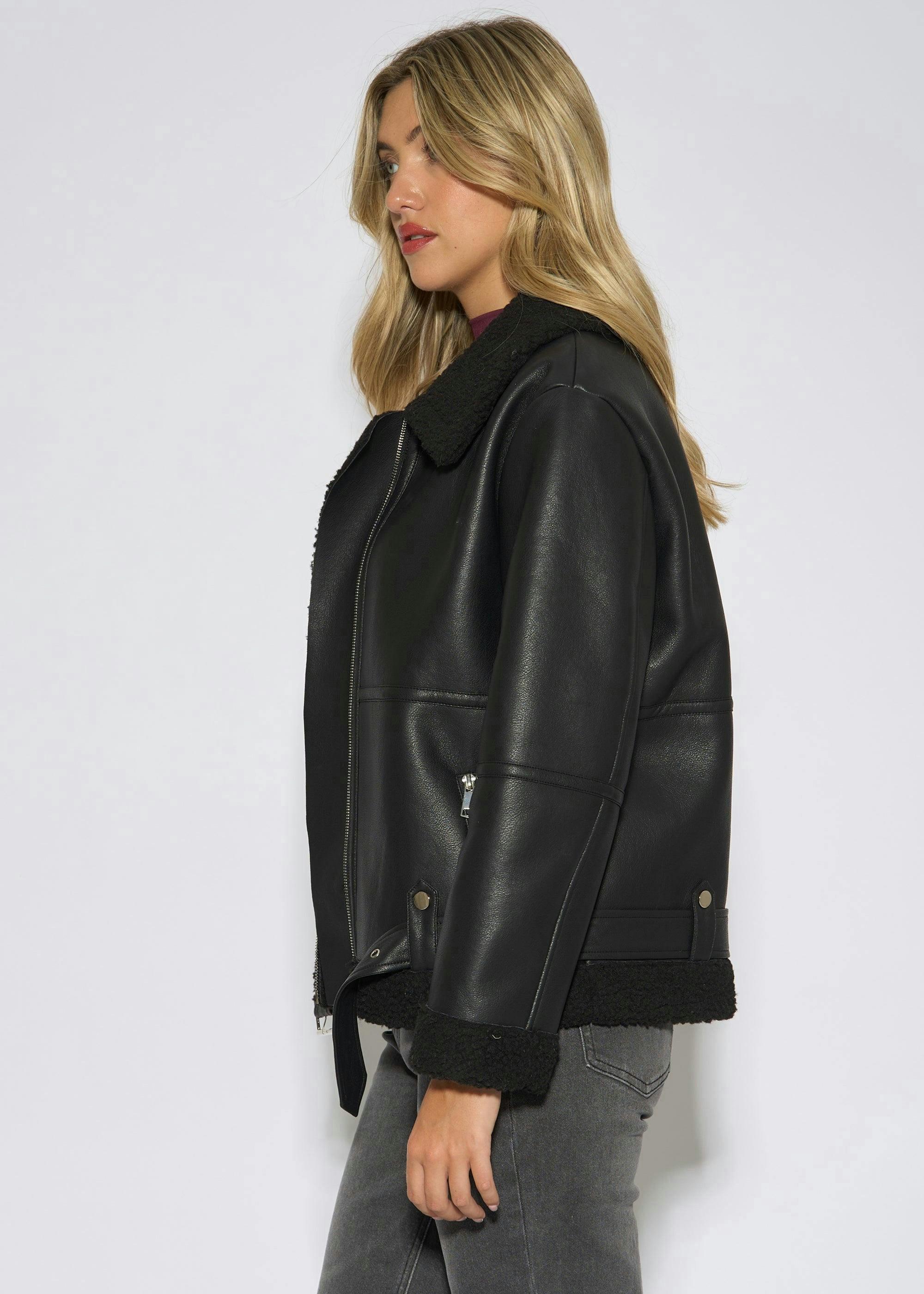 Black Faux Leather Aviator Biker Jacket | Clarks UK