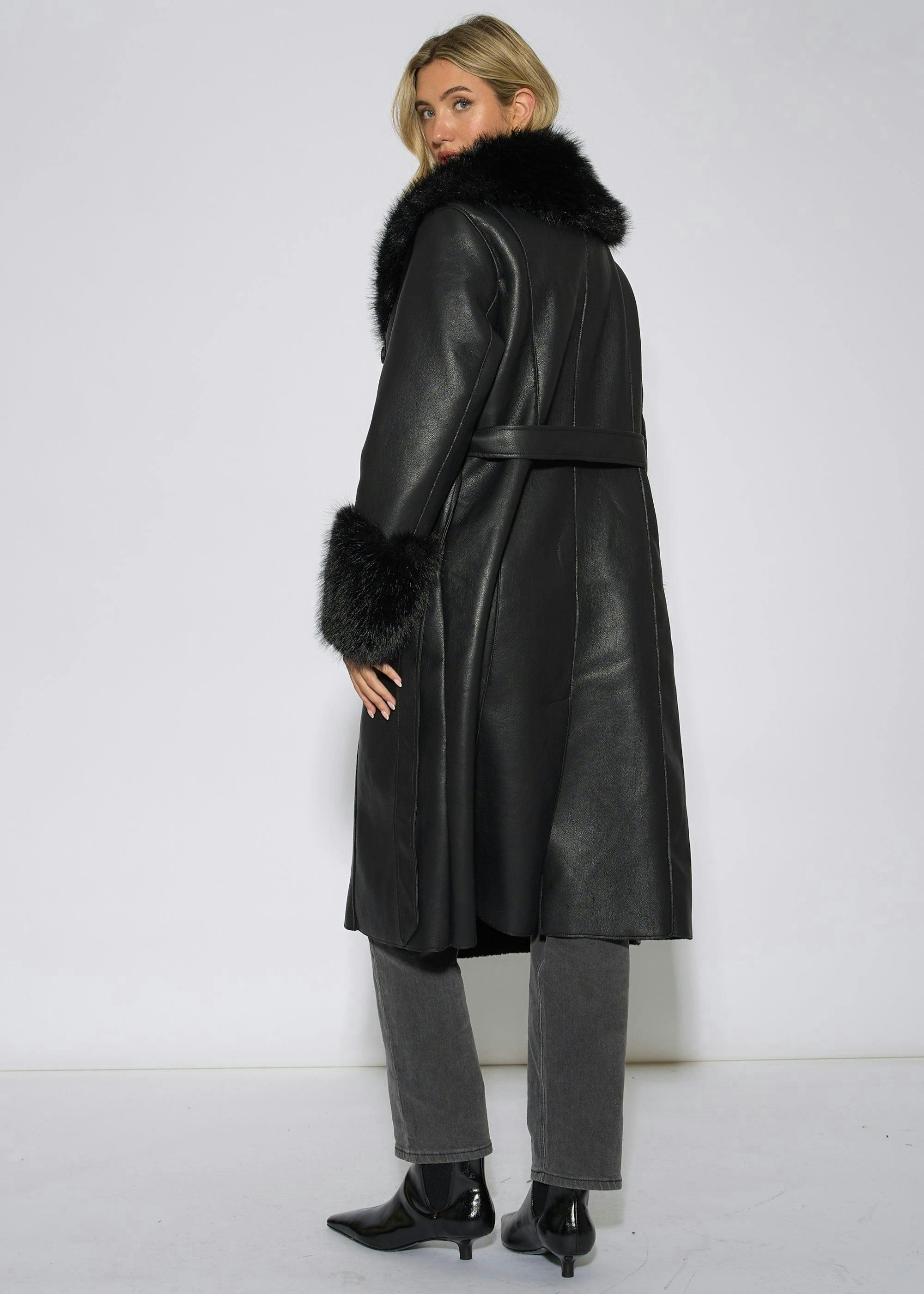 Black Fur Trim Faux Leather Wrap Longline Coat , view 2 of 4