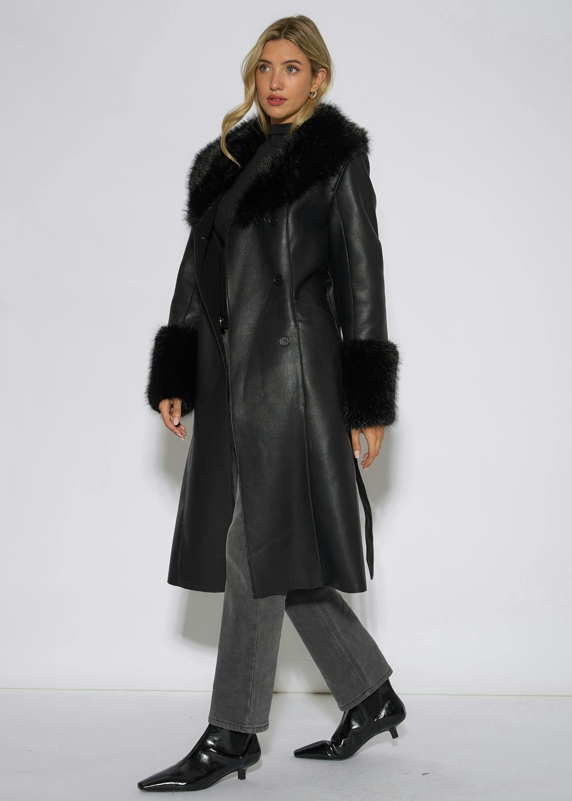 Black Fur Trim Faux Leather Wrap Longline Coat , view 4 of 4