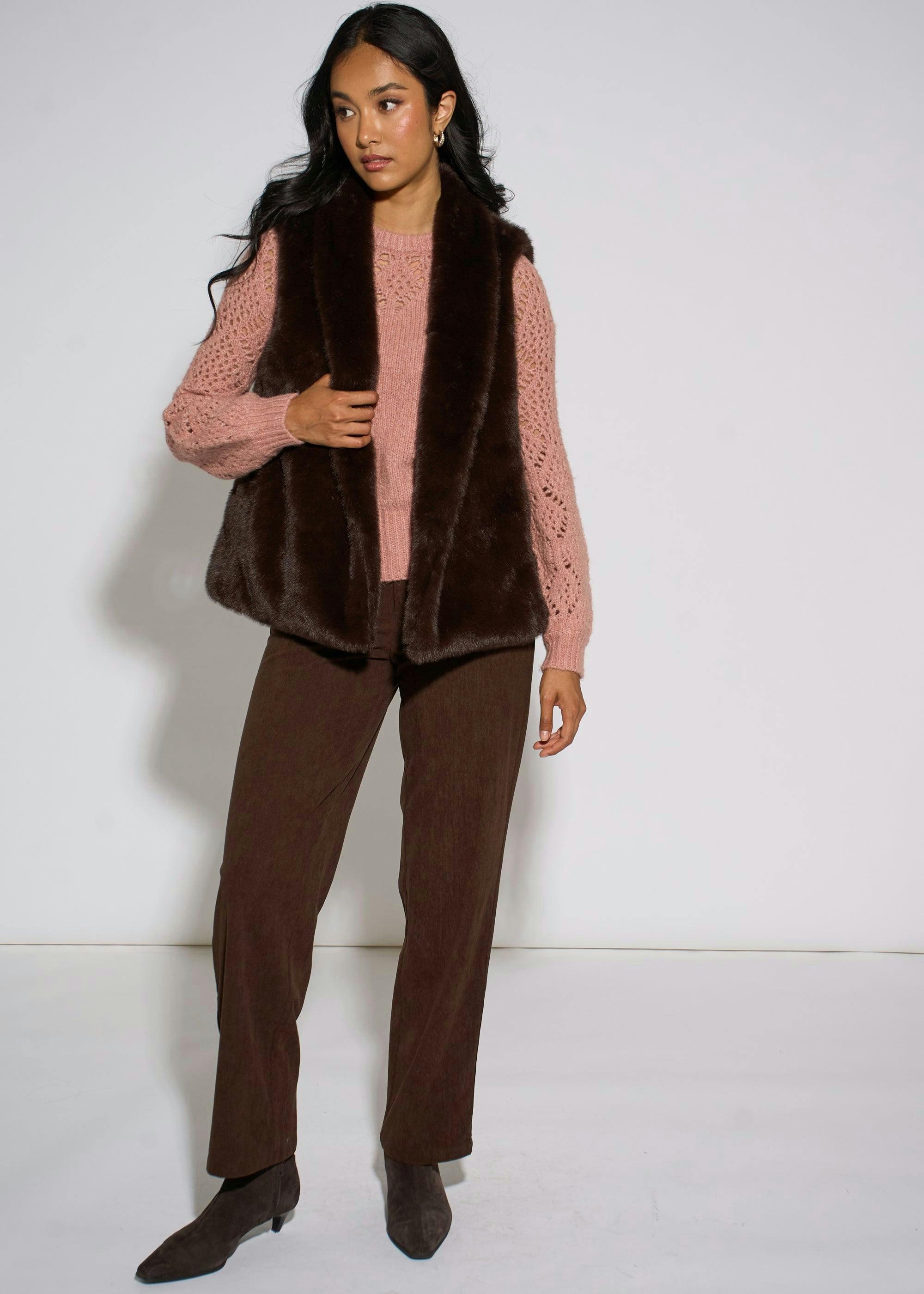 Brown Faux Fur Longline Gilet , view 3 of 4