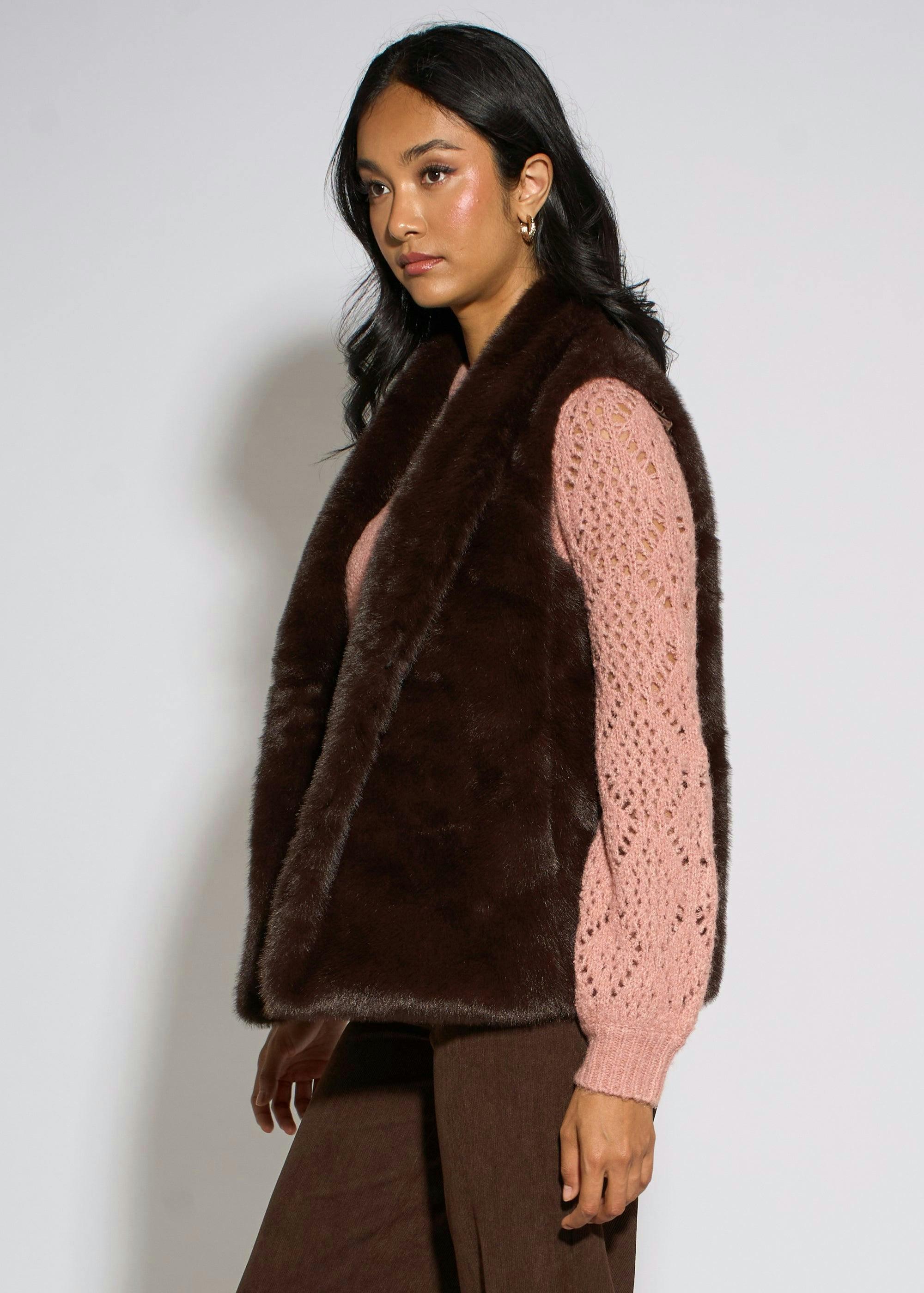 Brown Faux Fur Longline Gilet , view 4 of 4