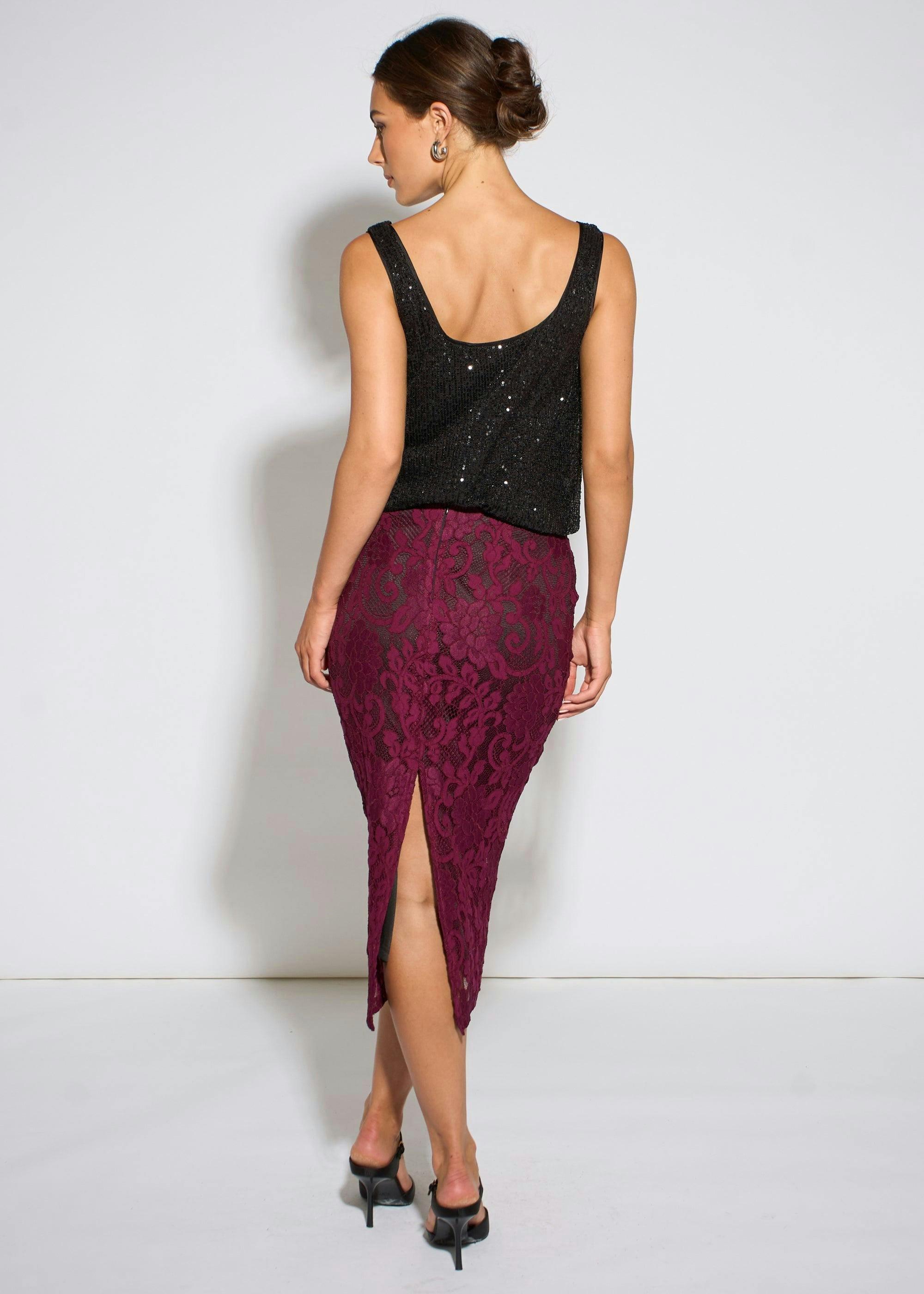Plum Corded Lace Pencil Midi Skirt , view 2 of 4