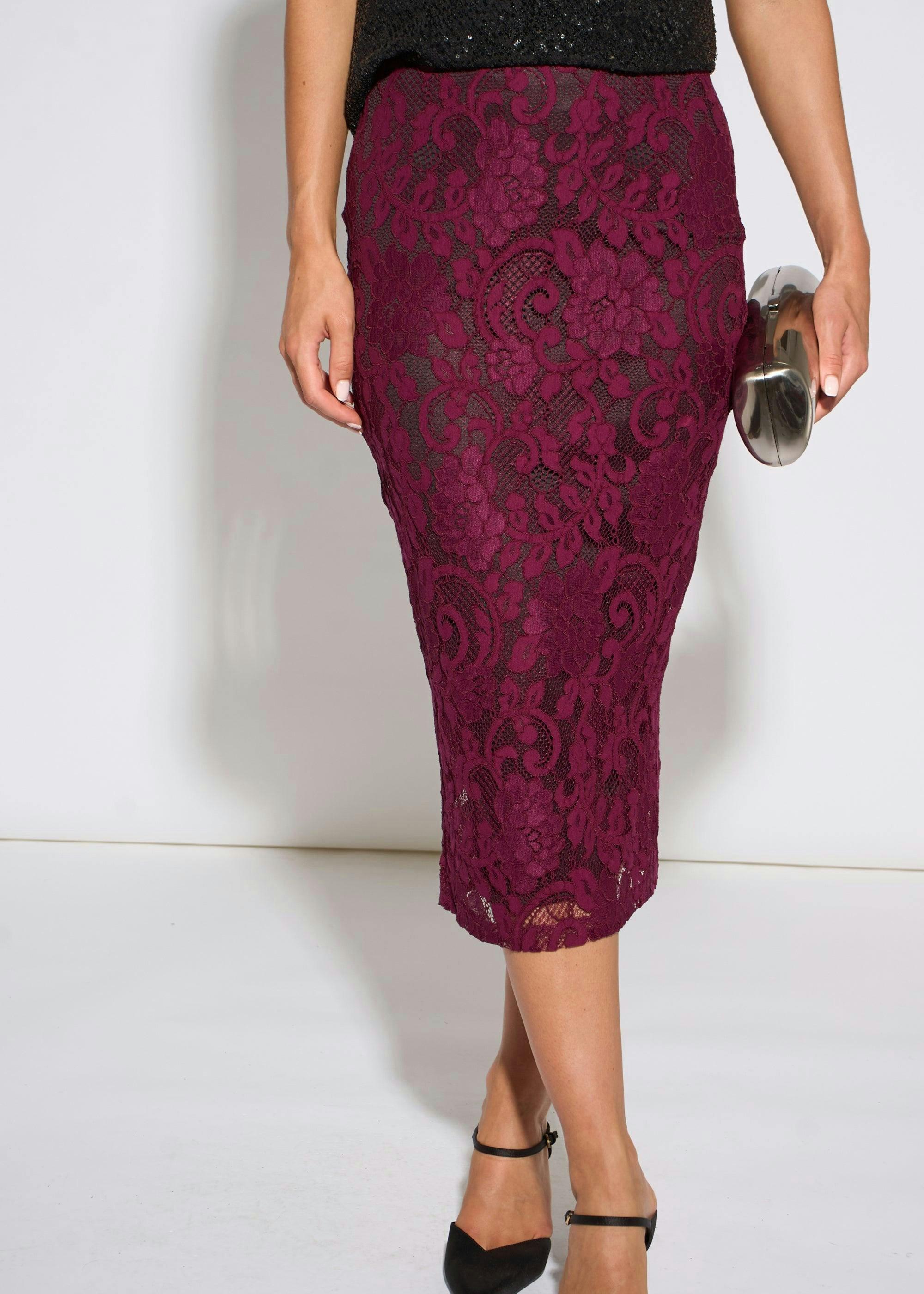 Plum Corded Lace Pencil Midi Skirt , view 3 of 4