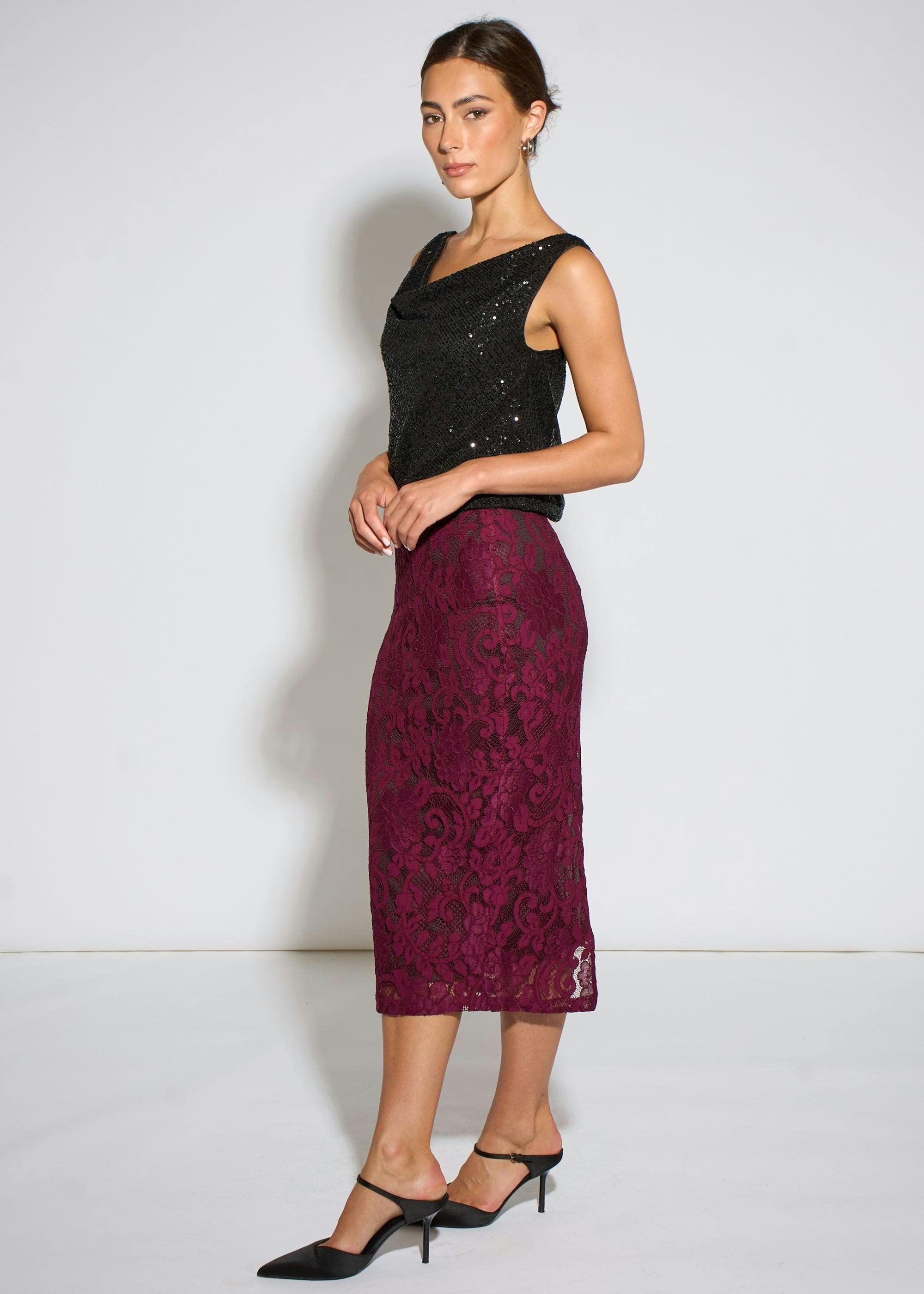 Plum Corded Lace Pencil Midi Skirt , view 4 of 4