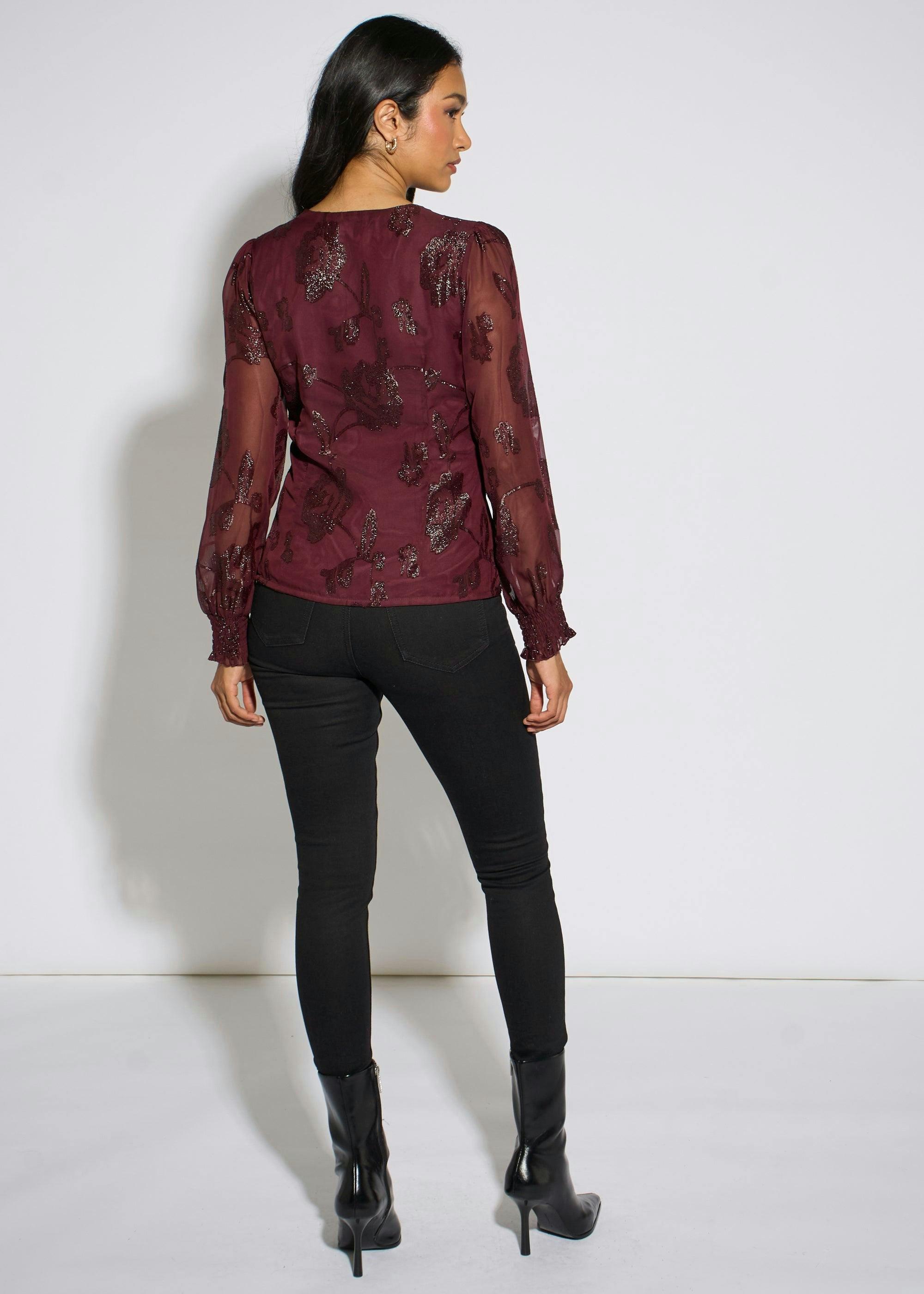 Plum Floral Sparkle Jacquard Blouse , view 2 of 4