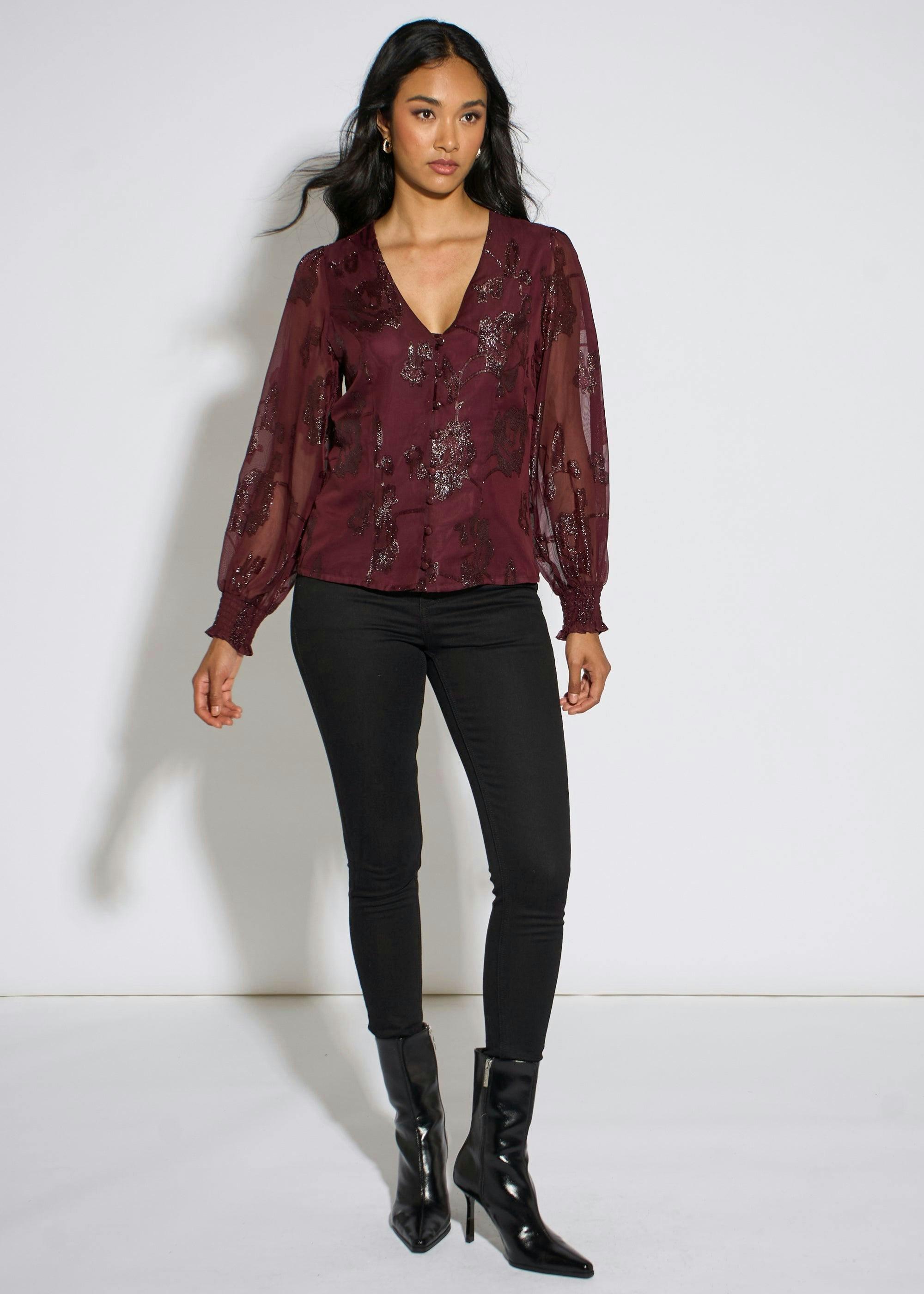 Plum Floral Sparkle Jacquard Blouse , view 3 of 4