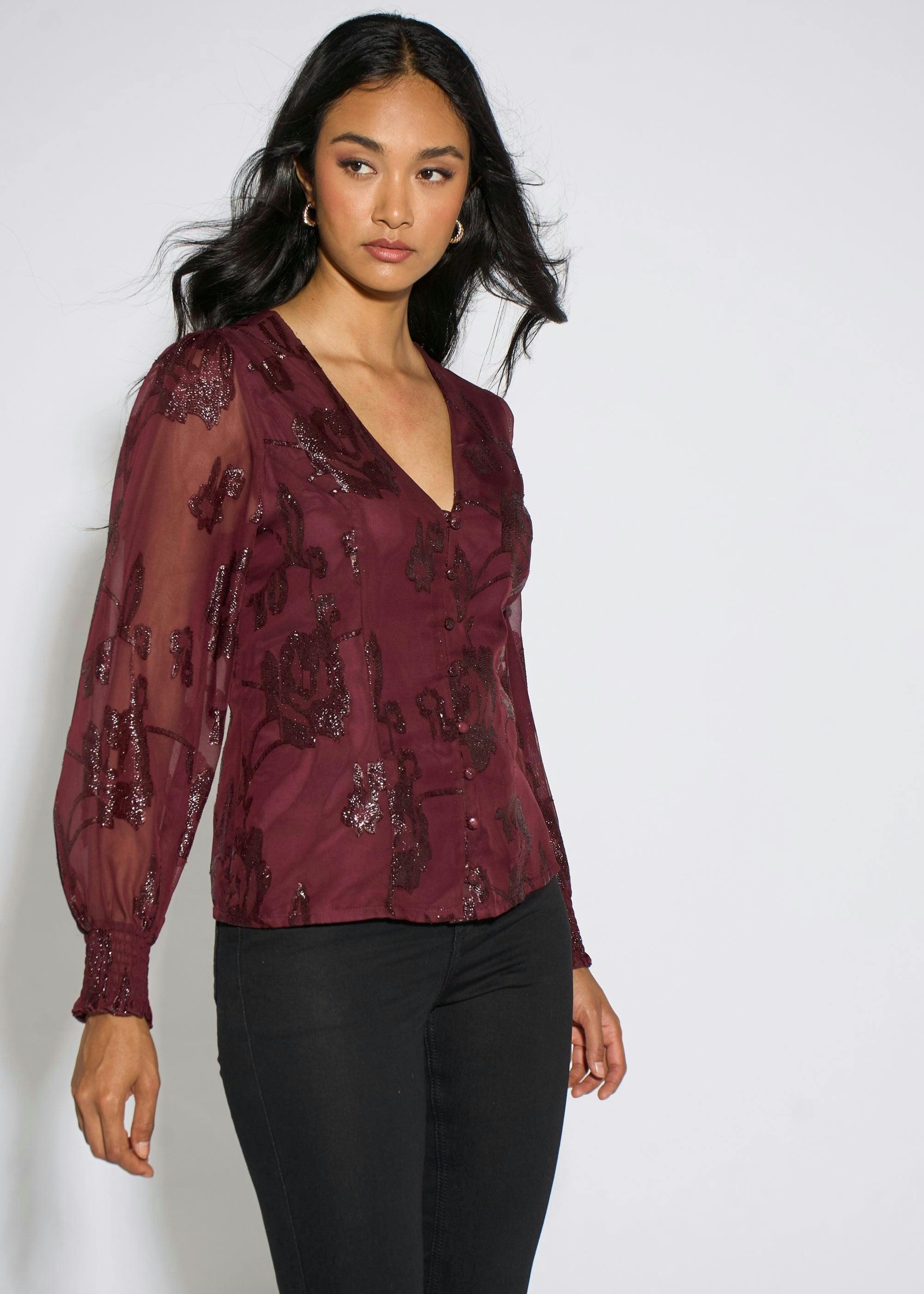 Plum Floral Sparkle Jacquard Blouse , view 4 of 4
