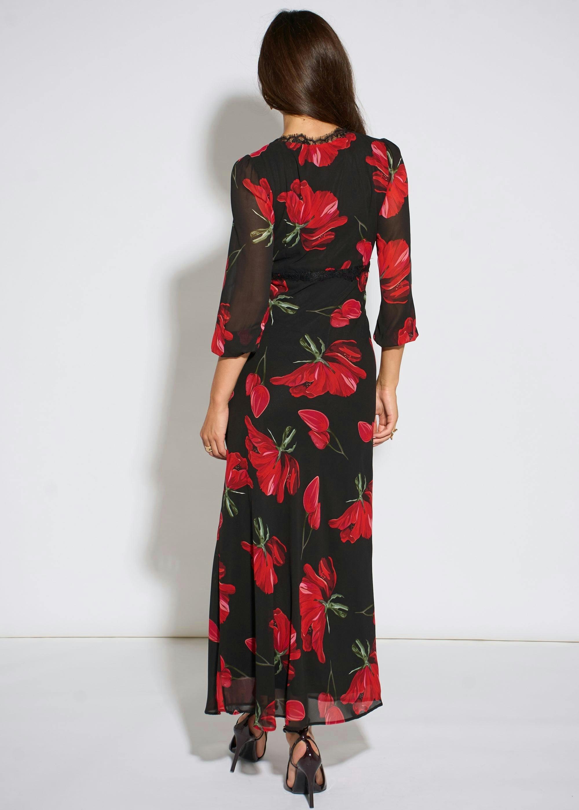 Black Base Red Bloom Lace Trim Midi Dress , view 2 of 4