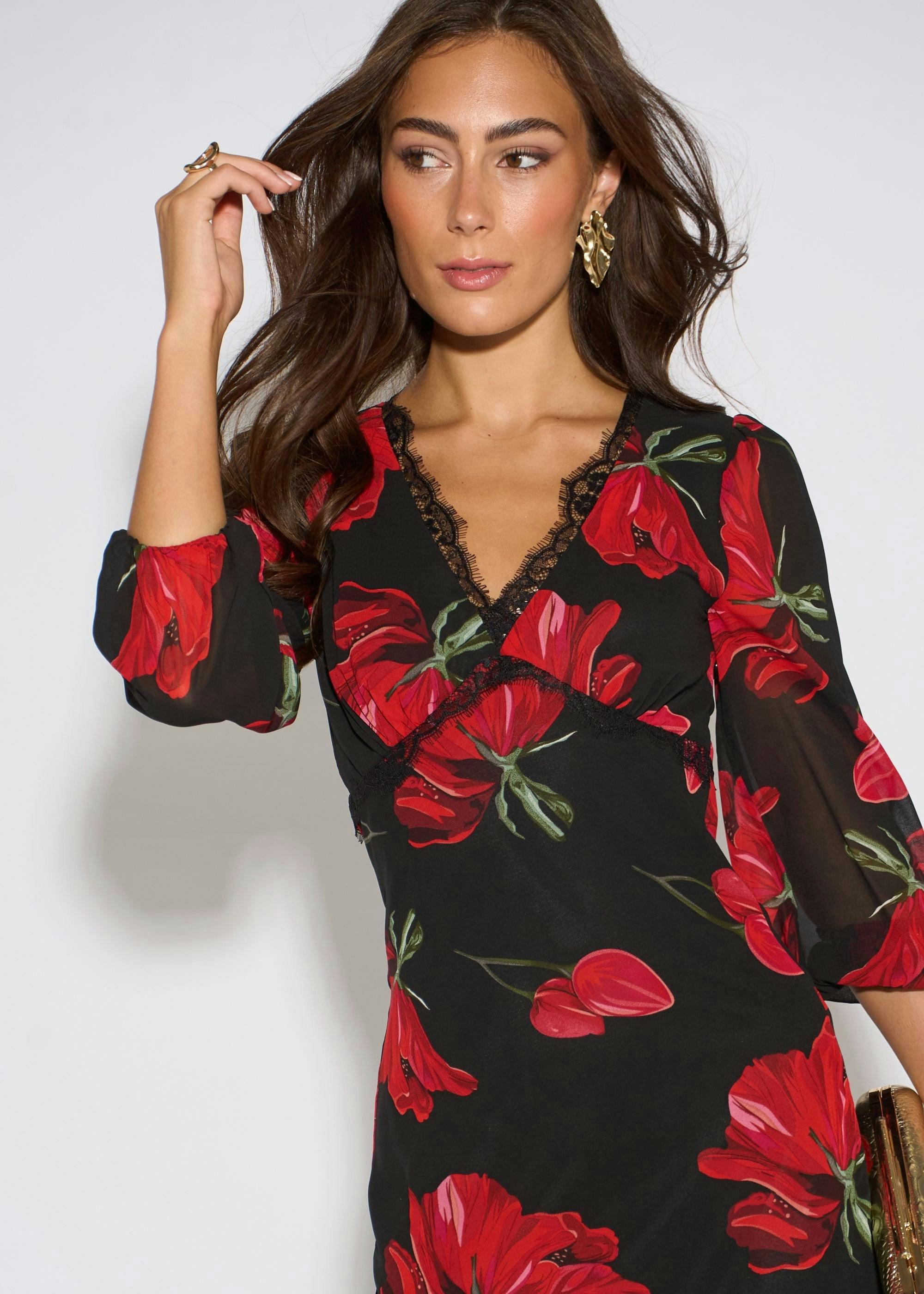 Black Base Red Bloom Lace Trim Midi Dress , view 3 of 4